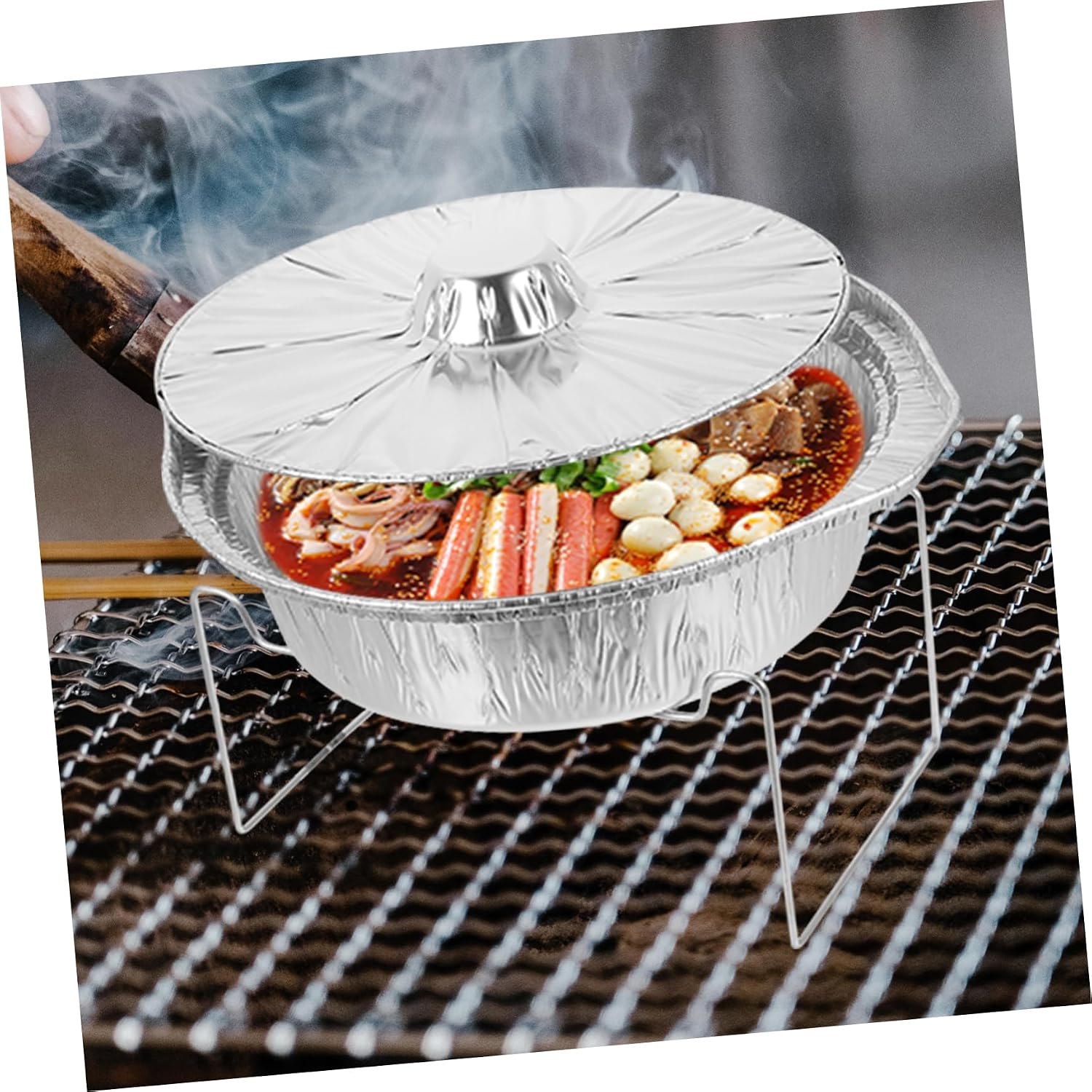 1set Round Tinfoil Pots Iron Rack and Lid for Grilling Fish Meat and Cheese Foil Pot Set for Picnics and Outdoor Cooking