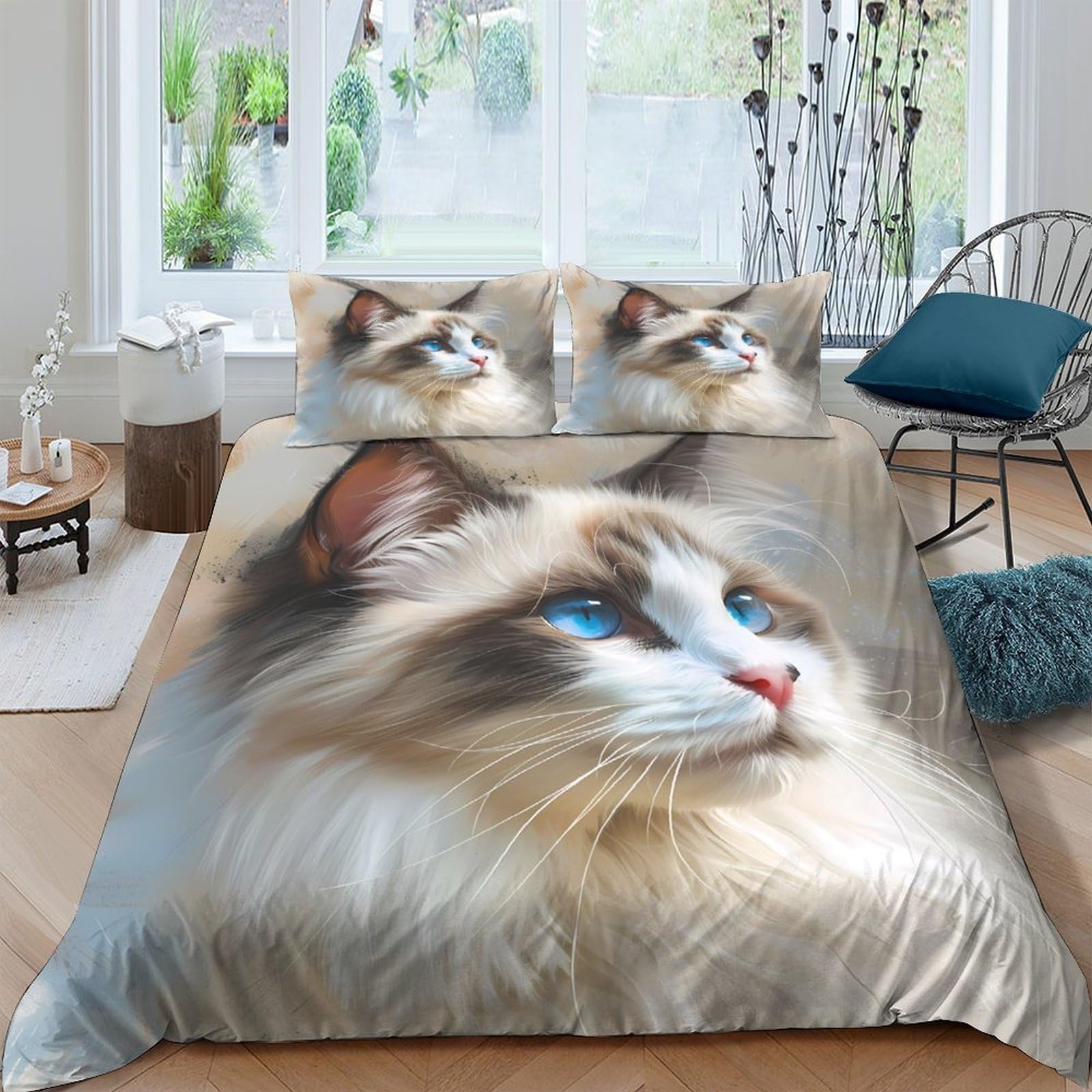 Ctjqhvkz Style-8 3D Printed Blue Eyed Cat Fitted Sheet Microfiber Soft Durable Fluffy Cat Bed Sheet For Bedroom Guest Room Decor Single（135X200cm）