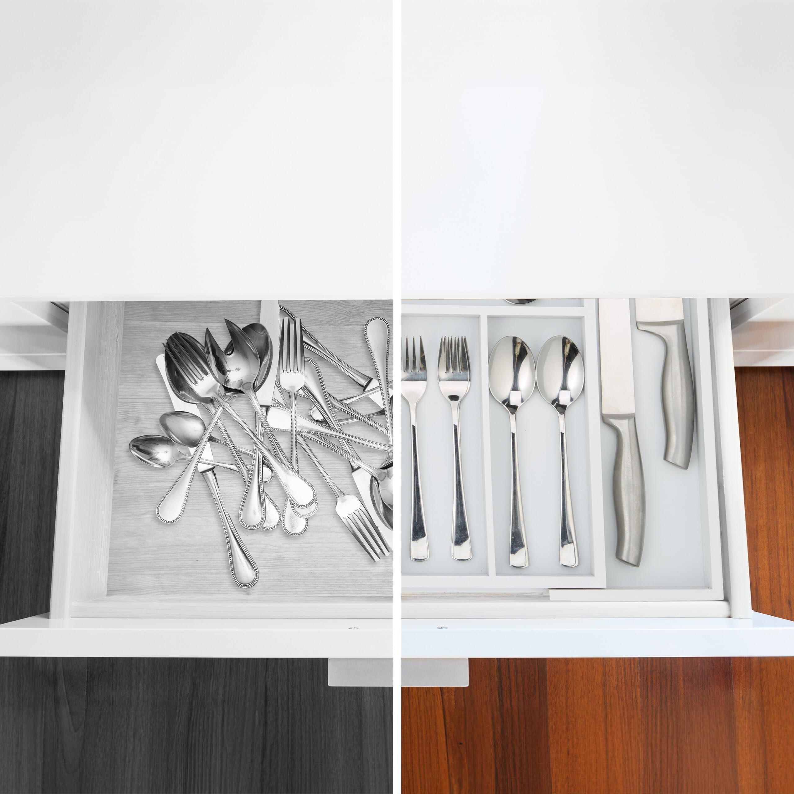Relaxdays Cubertero Cajón Extensible, Largo Variable, 5-7 Compartimentos, Organizador Cubiertos Bambú, 5x48x46cm, Blanco