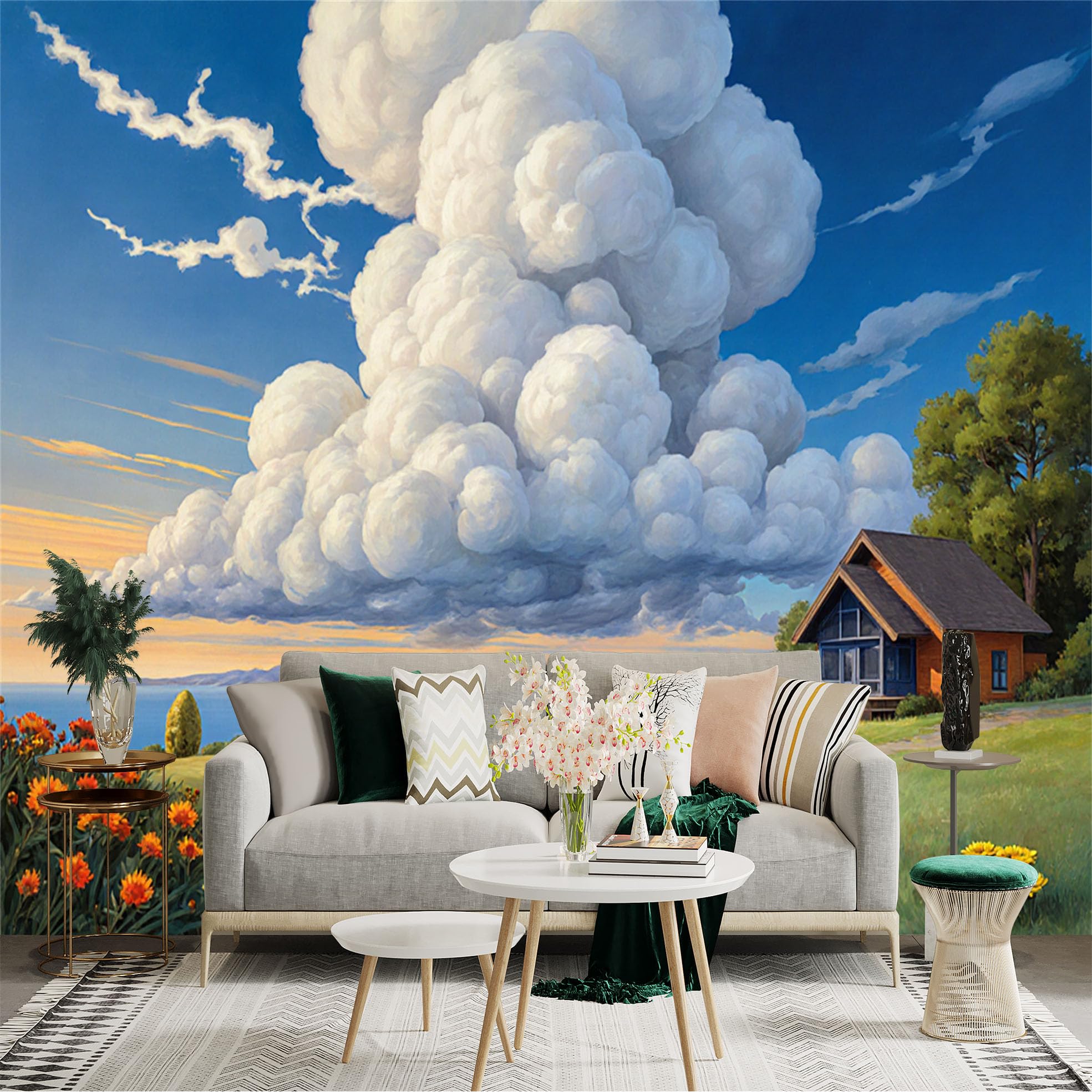 Lnzczhyre Xc260505342 Custom Size Wall Sticker Mural， Scenic Lakeside Cottage， Giant Fluffy Clouds， Vibrant Wildflower Meadow， Peaceful Summer Landscape， For Wall Decoration， Peelandstick Wall Decals.