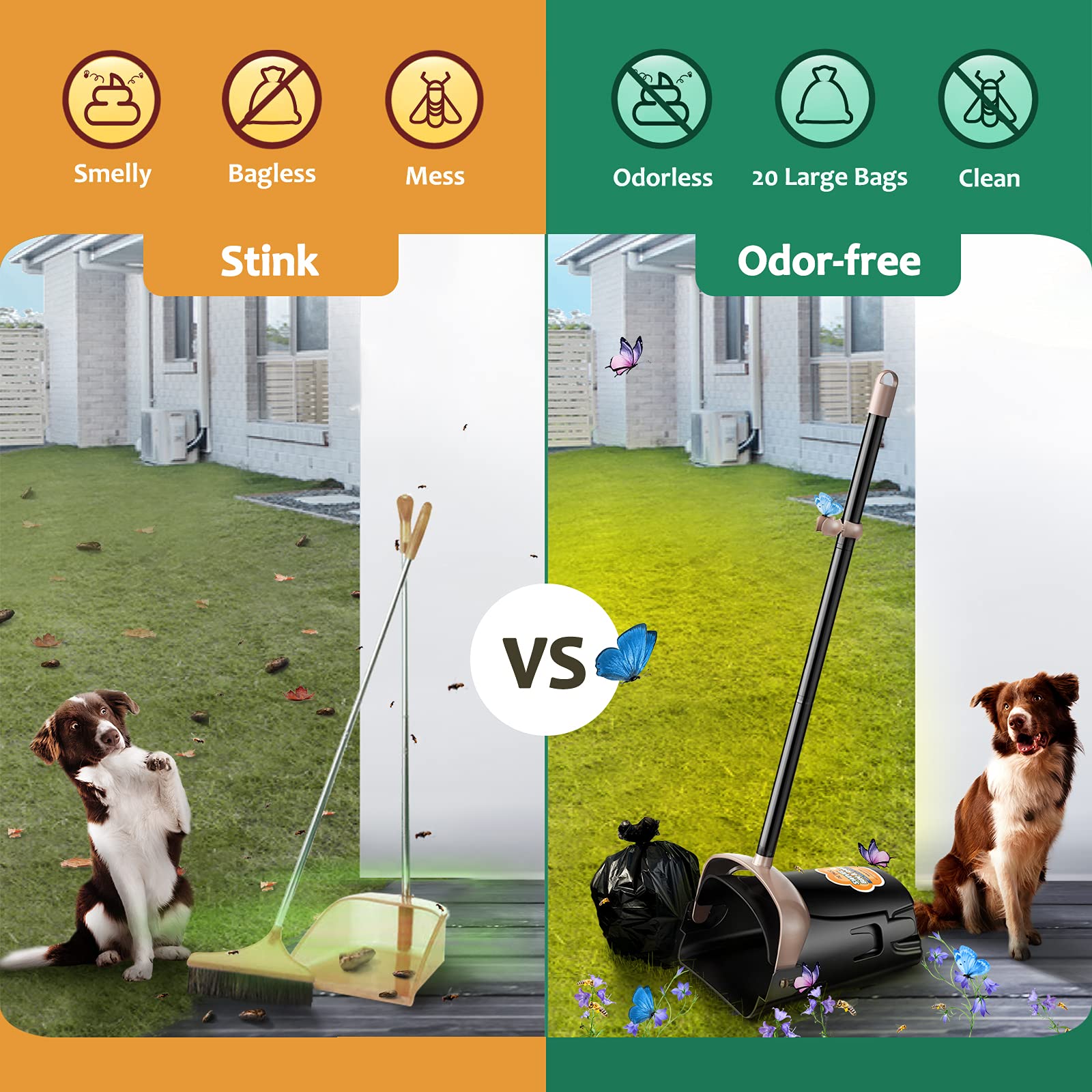 PETNOZ Large Swivel Bin & Rake Pooper Scooper with 20 Waste Bags, 4 Bag