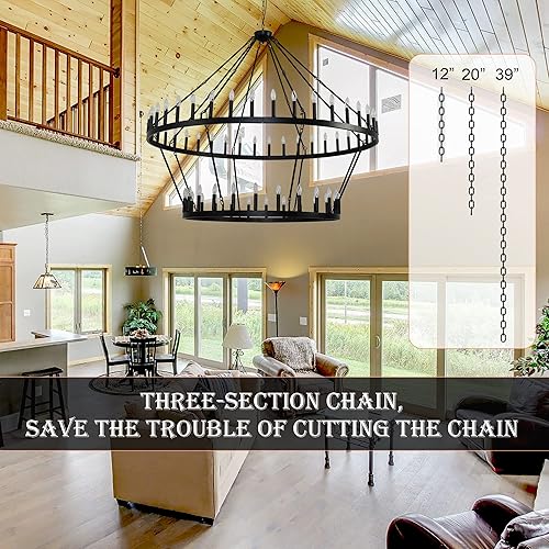 Miniatura 3 de Candelabro de rueda de carro extragrande de 70 pulgadas, 2 niveles, 64 luces, lámpara colgante de casa de campo, iluminación colgante redonda