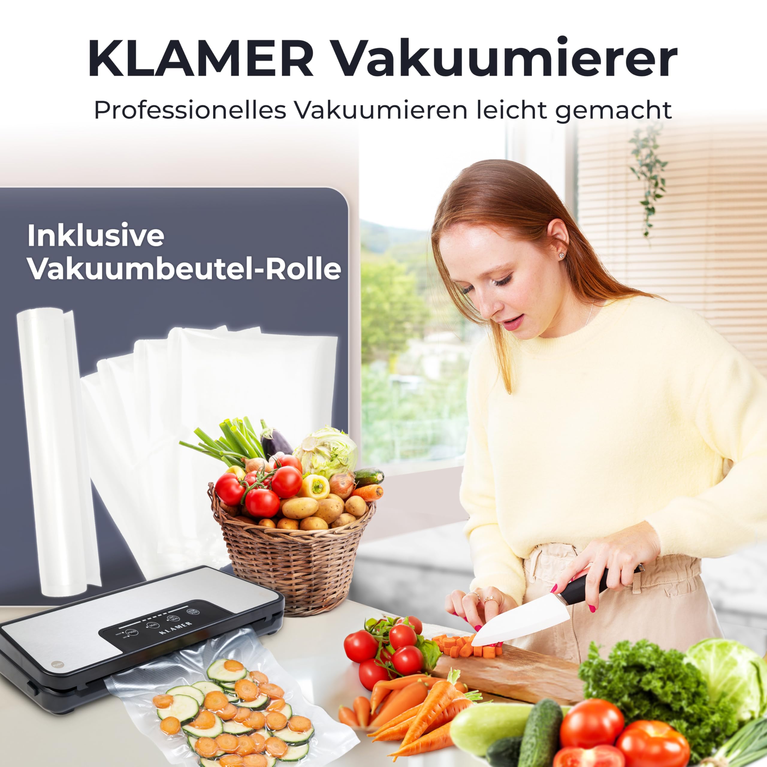 KLAMER Vakuumierer Pro 80 Vakuumiergerät für trockene & feuchte Lebensmittel Sous Vide inkl. Beutel und Schlauch