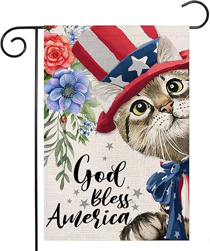 Bandera de jardín de gato patriótico con flores, 12 x 18 pulgadas, doble cara, 4 de julio, Dios bendiga a Estados Unidos, banderas de patio pequeñas