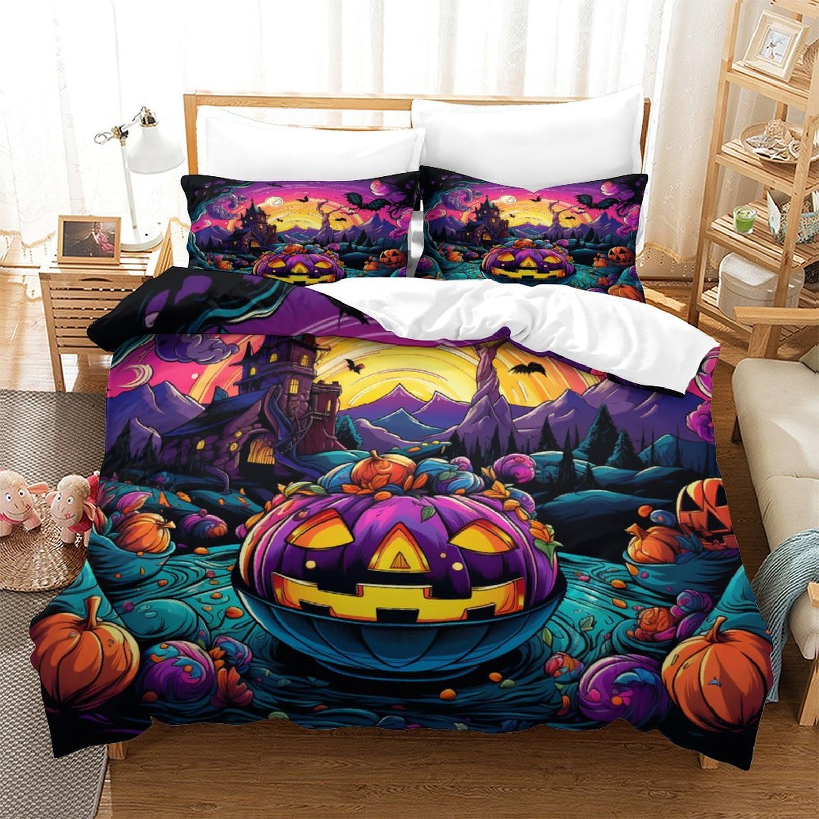 DCABEIOOE Halloween Pumpkin 3D Printed Cover Set Bedding Sets Room Decoration 3 Pcs Bedding Set Gaming Bedding Sets Single Size Double（200x200cm）
