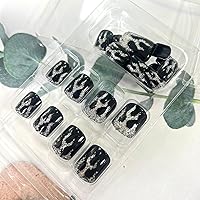 Vista 5 de Uñas postizas cortas negras a presión, con forma de ataúd, reutilizables, con pegamento, uñas adhesivas con diseños de llama plateada, uñas