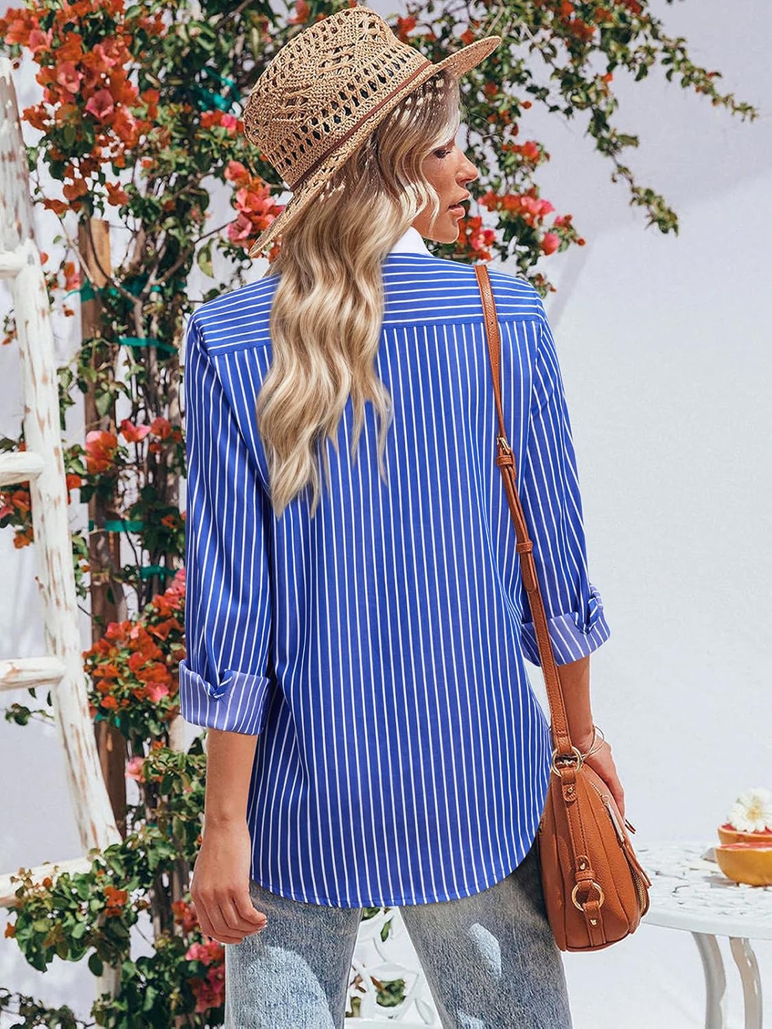 Striped Button Down Shirts for Women Cotton Dress Shirt Long Sleeve Collared Blouse Tops Business Office Attire - Image 2