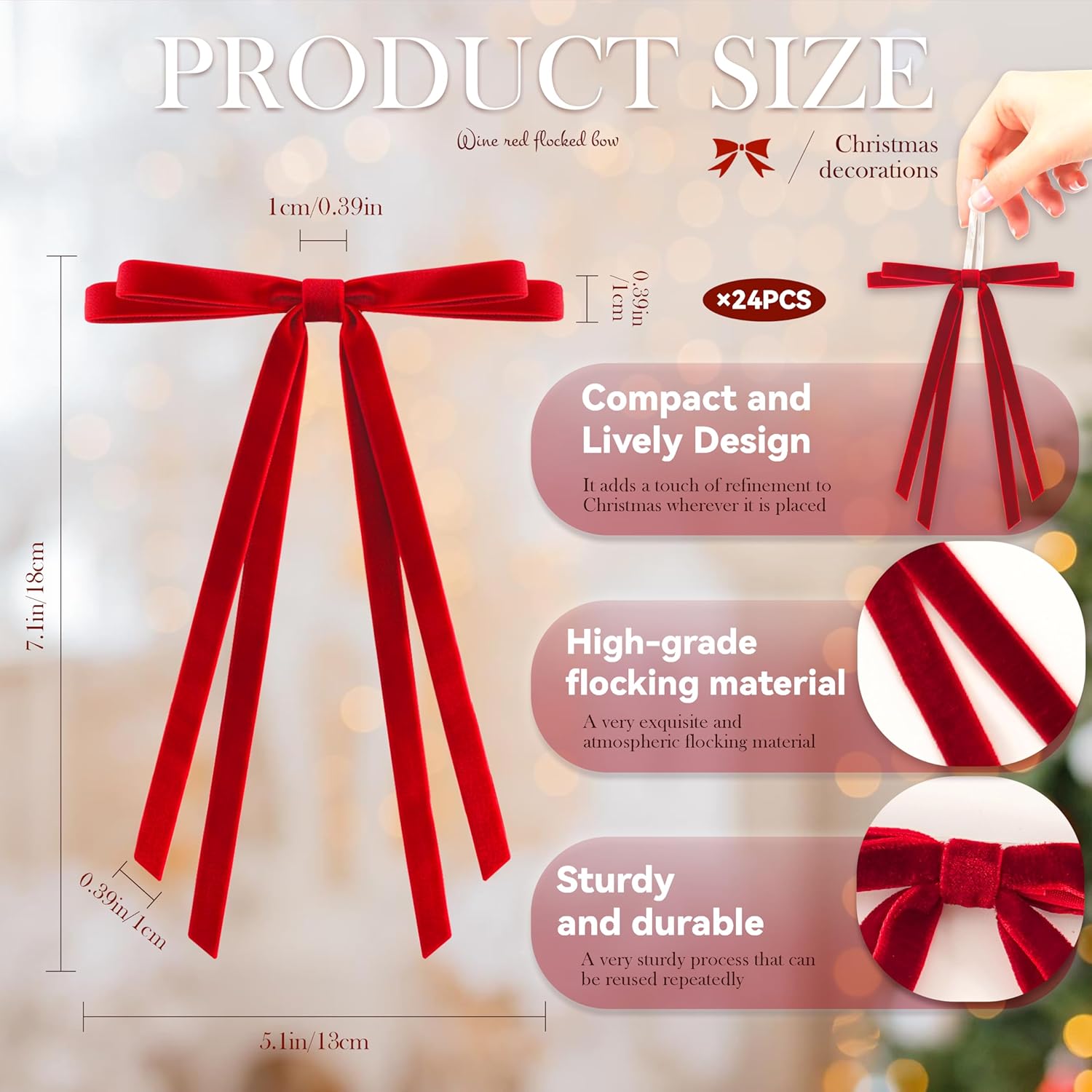 24 Pcs Christmas Bows for Tree, Red Velvet Ribbon Bow for Christmas Tree, Pre-Tied Vintage Xmas Bows for Xmas Trees Wreaths Gifts Wedding Indoor Outdoor Decorations, 5 x 7 Inch - Image 4