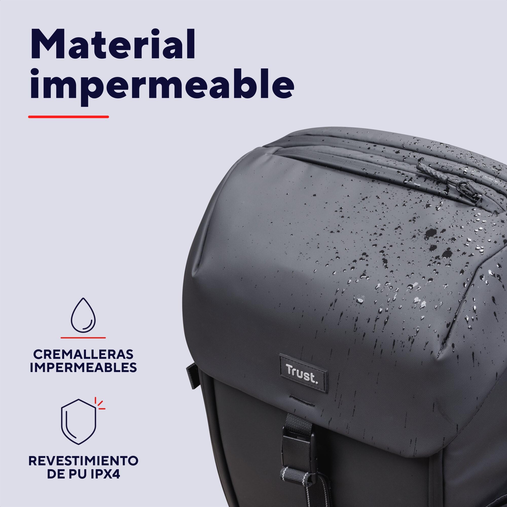 Trust Jersey Mochila Ordenador Portátil 17 Pulgadas 25 Litros, Negro | Resistente al Agua, Backpack de Plástico Reciclado para los Estudios Viajes Trabajo Hombre Mujer