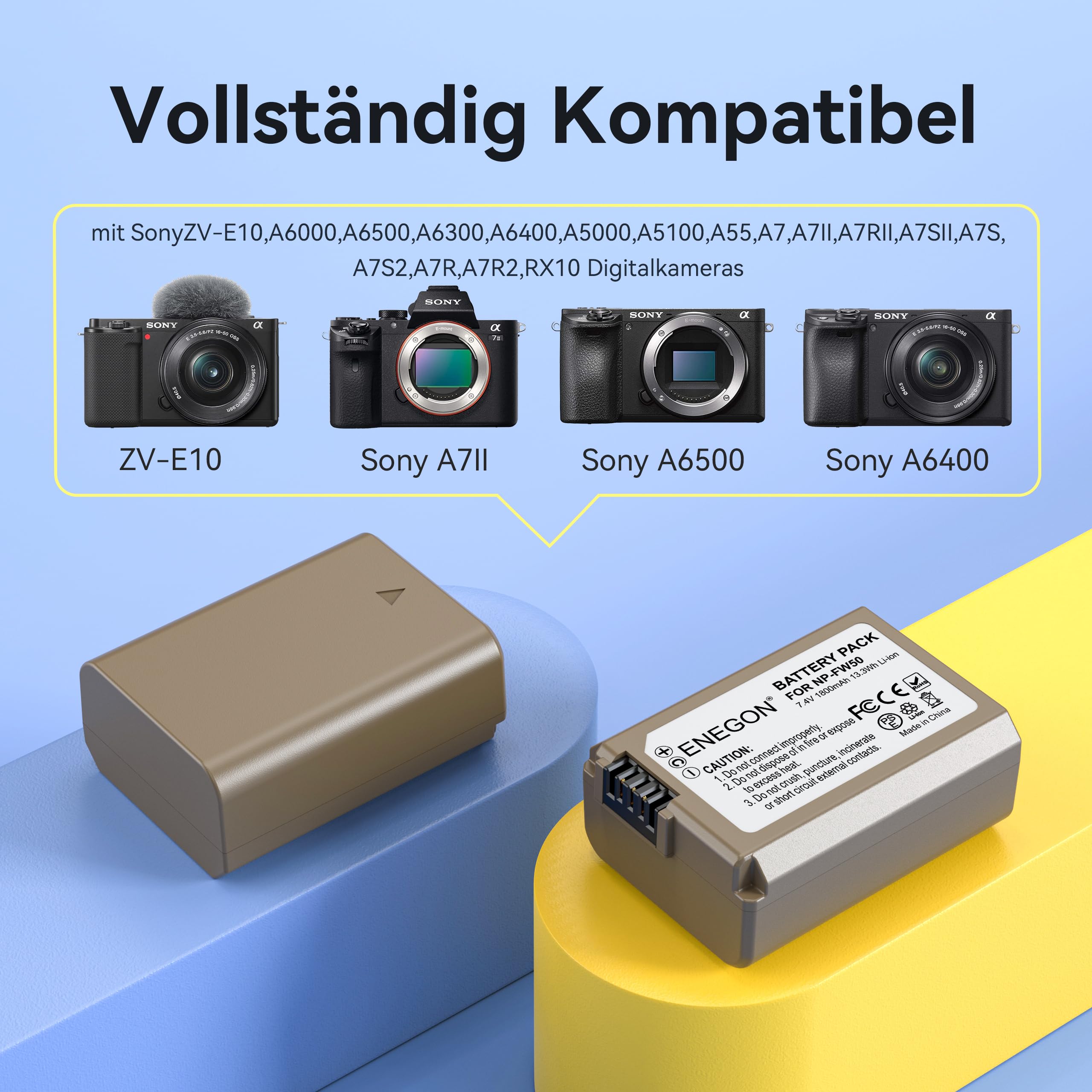 ENEGON NP-FW50 20W Dual-Akku-Schnellladegerät-Set (2 x 1800 mAh) für Sony Alpha ZV-E10, A6000, A6400, A6500, A6300, A5000, A5100, A55, A7, A7II, A7RII, A7SII,A7S,A7S2,A7R,A7R2 Kamera