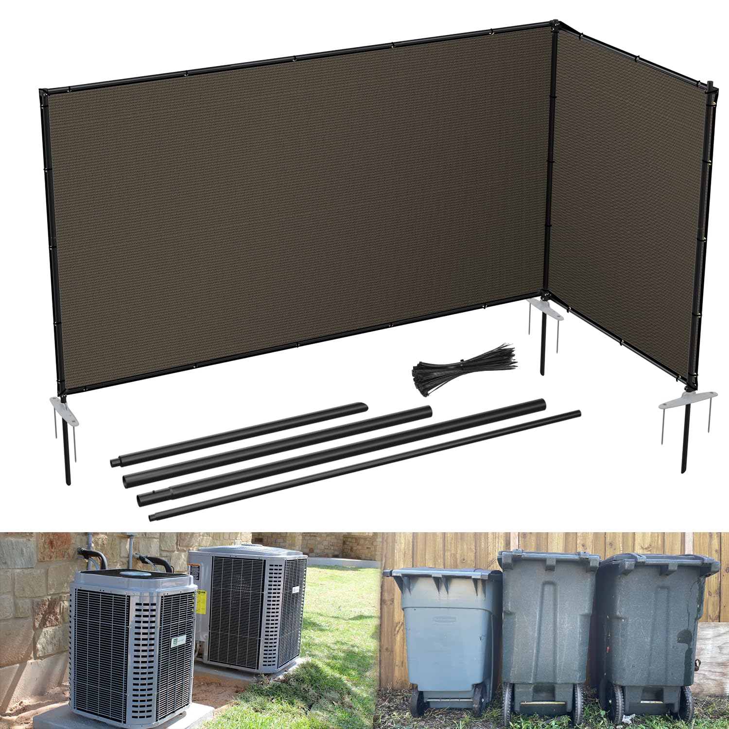 E&K 6'x12' Outdoor Privacy Screen Fence Freestanding Backyard Patio Privacy Pool Fencing Garden Dog A/C Unit Trash Bins Cans Fence with Iron Poles and Rails (Brown)