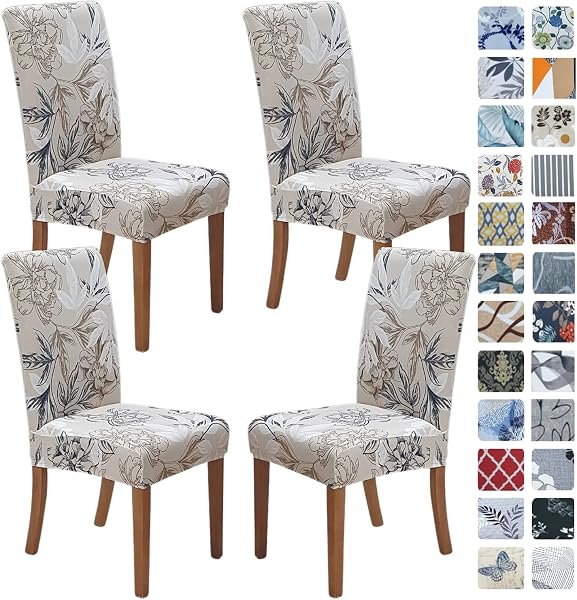 SPRINGRICO Floral Beige Dining Chair Covers 4 Pack