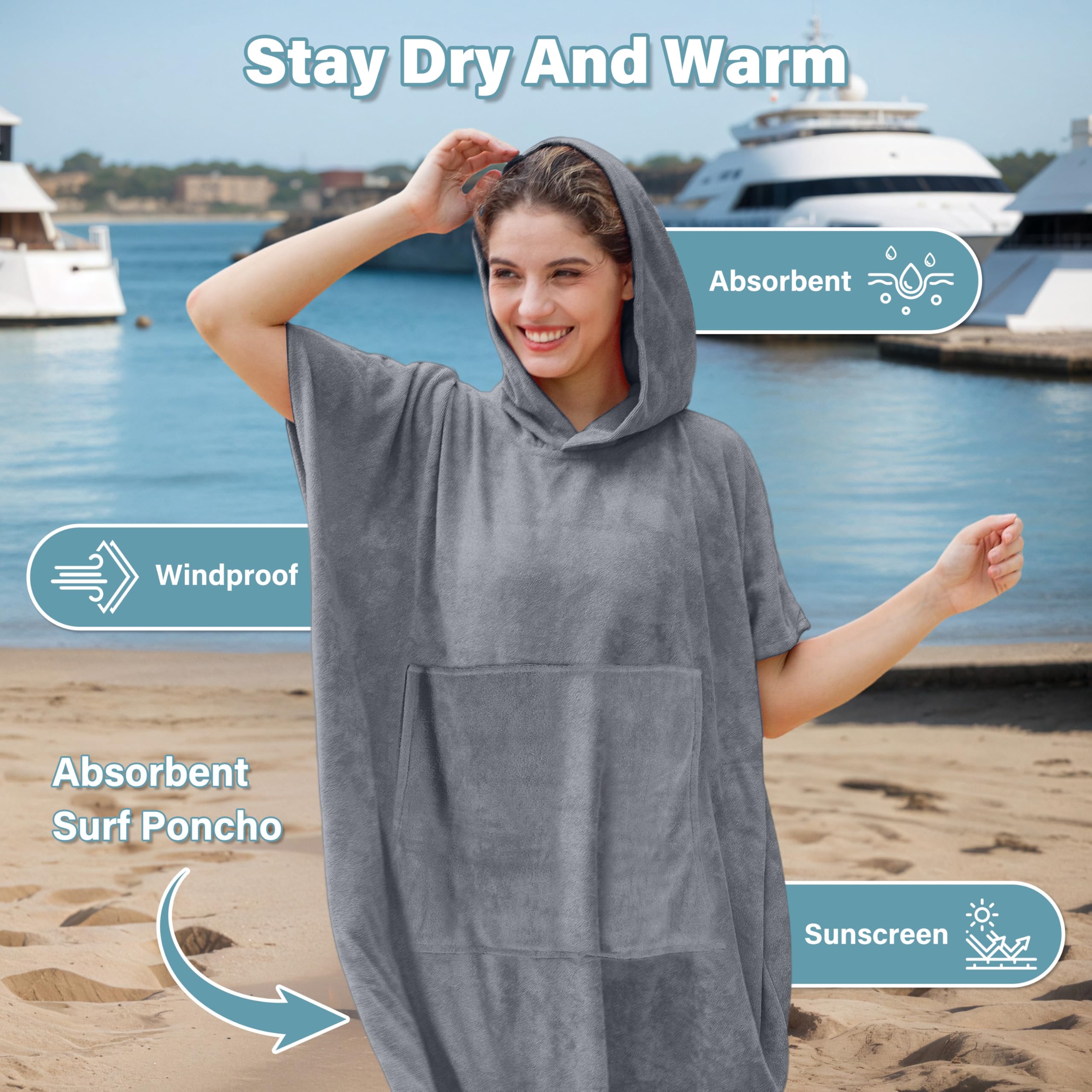 Kato Tirrinia Surf Poncho con borsa, Poncho da bagno in microfibra per donne e uomini, Poncho da spiaggia con cappuccio e asciugamano assorbente per il nuoto e gli sport acquatici della sauna, grigio