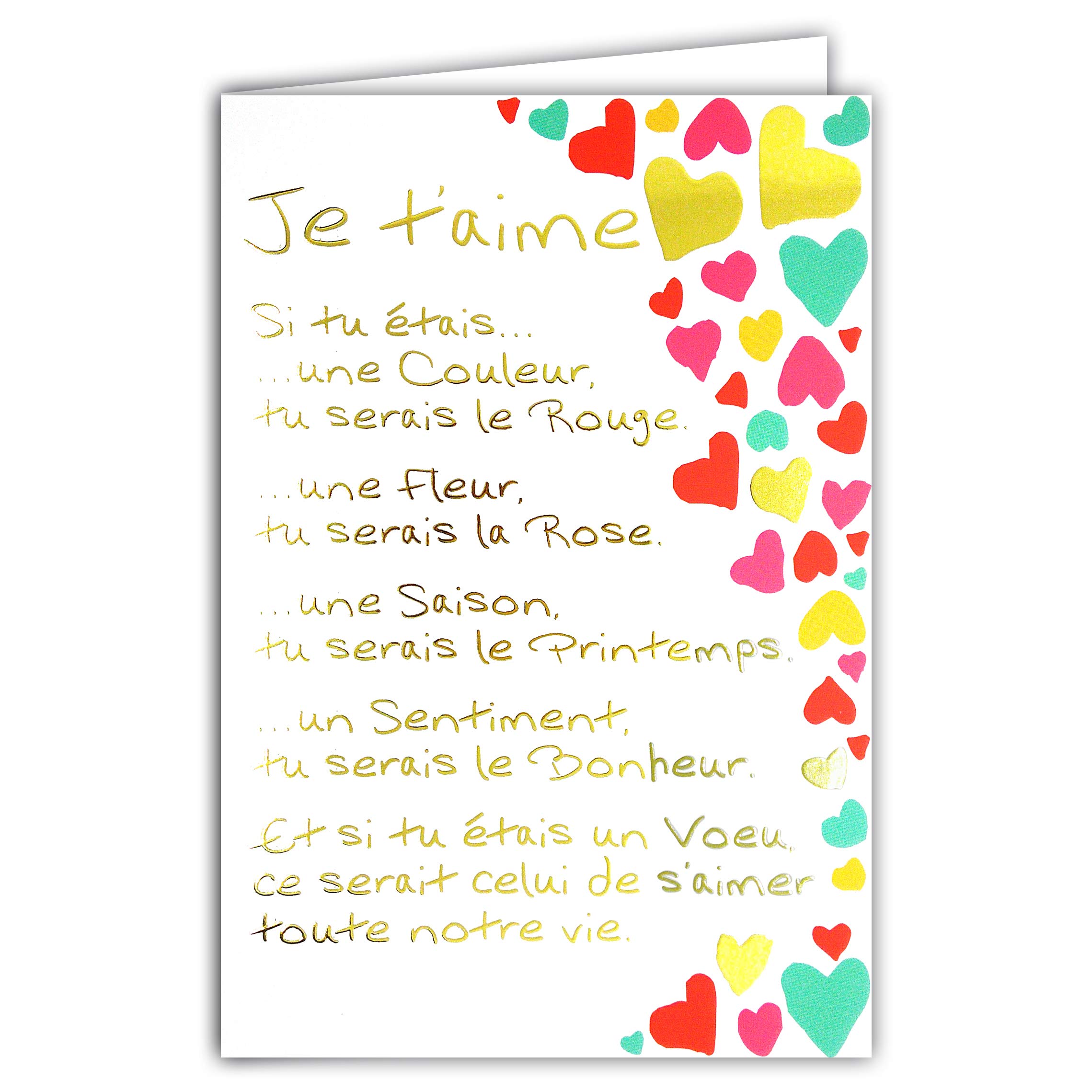 Afie 69-3044 "Sentiments Je T'Aime" Card with Large Text in Gold-Plated Words that Shine; Comes with Matching Colour Envelope; Closed Card Size 11.5 x 17 cm; Made in France