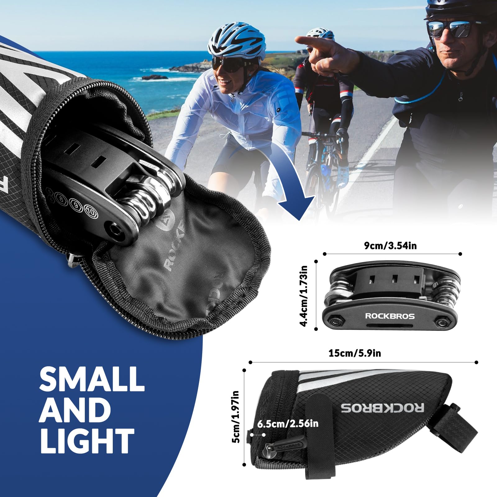 ROCKBROS Borsa da Sella Bici + Kit Riparazione 16 in 1, Borsa Sottosella Piccola Bicicletta, Stumento Multifunzionale Portatile, Adatto per MTB, Bici da Corsa, Ebikes