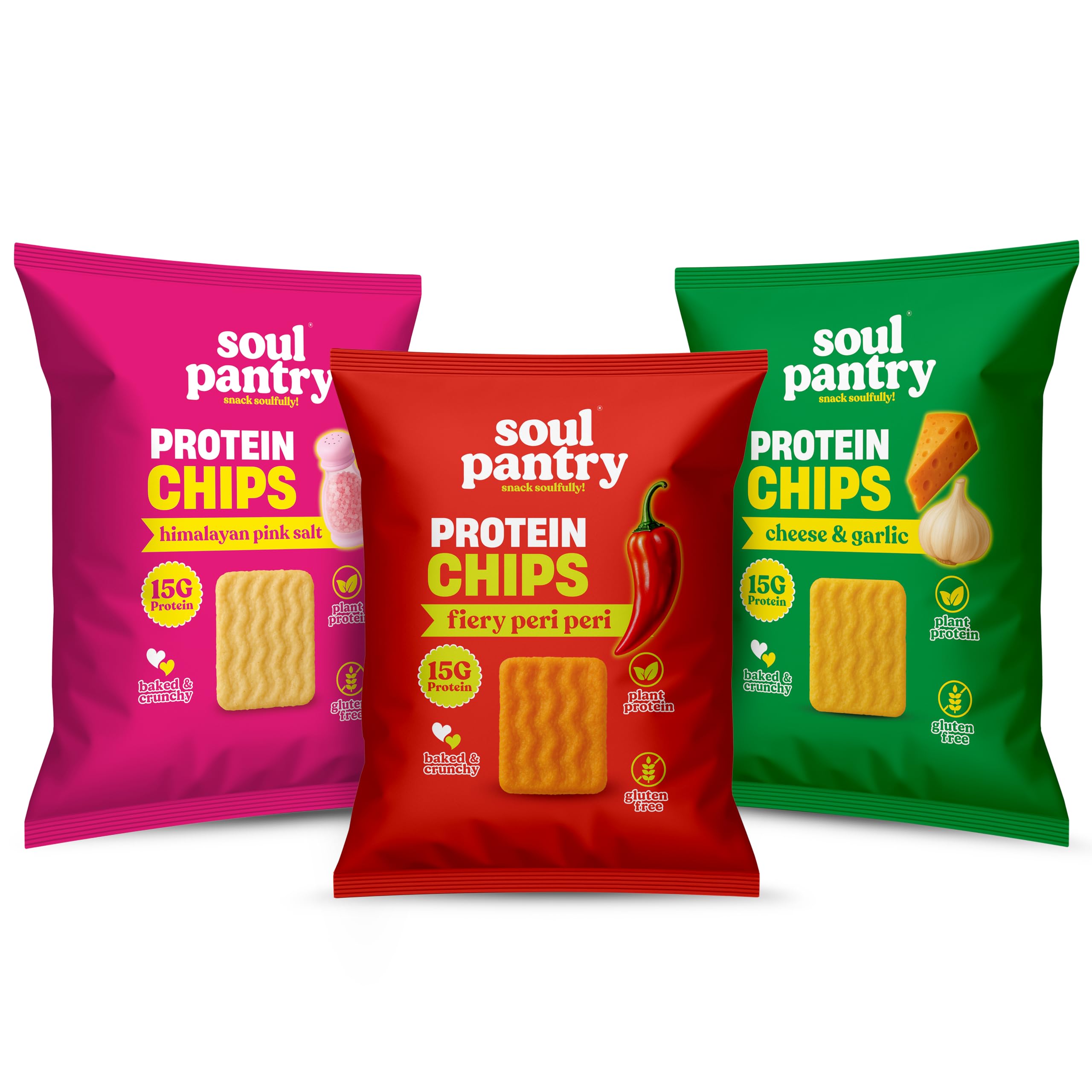 Soul Pantry Protein Chips Variety 3-Pack – Vegan, Gluten Free Baked Snacks in Cheese and Garlic, Himalayan Pink Salt & Peri Peri.