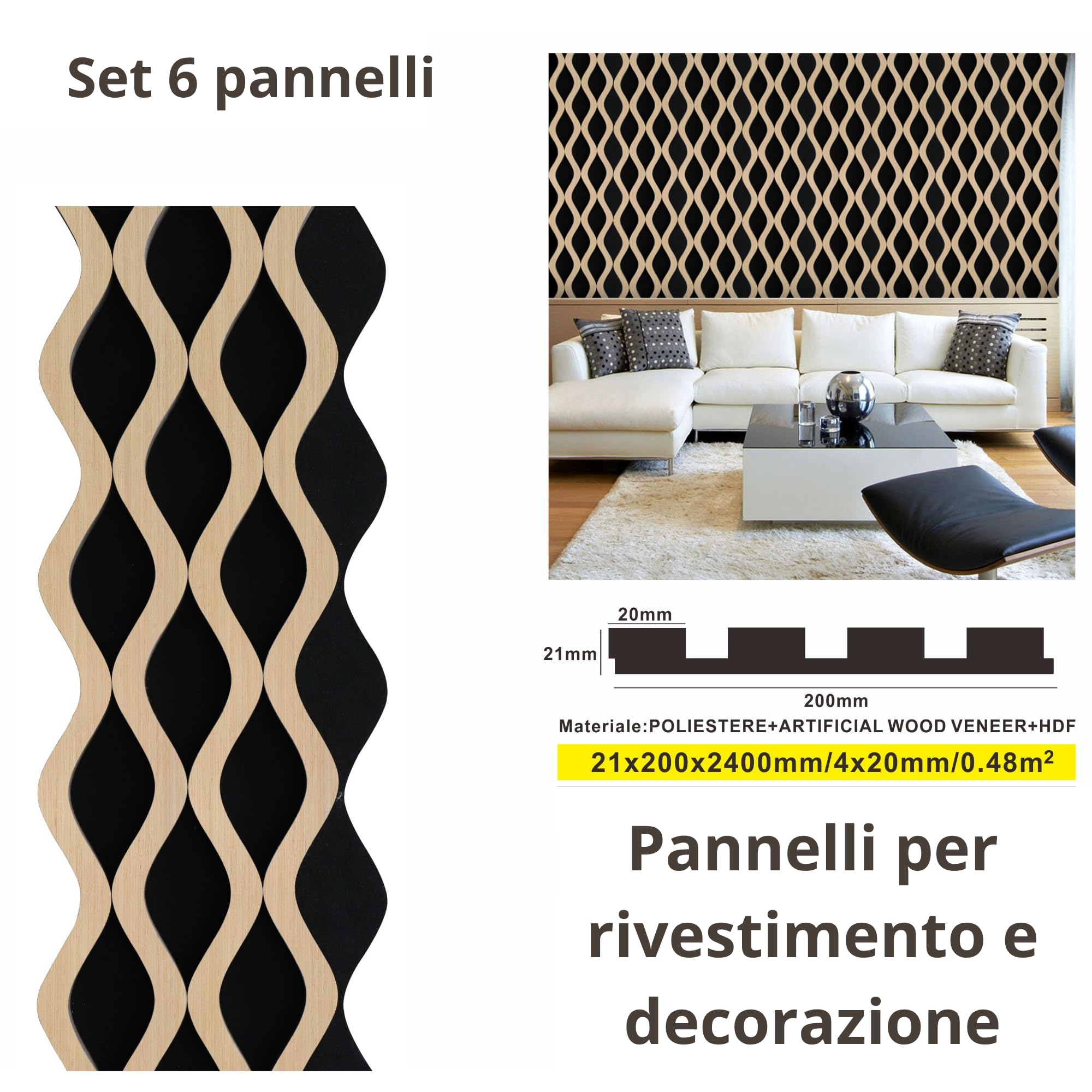 Juego de 6 paneles efecto duros, revestimiento de pared, techo, polímero, plástico, interior y exterior, 20 x 240 cm, encastre lateral, recortables, rígidos, decorativos, negro y madera, PVC, doble