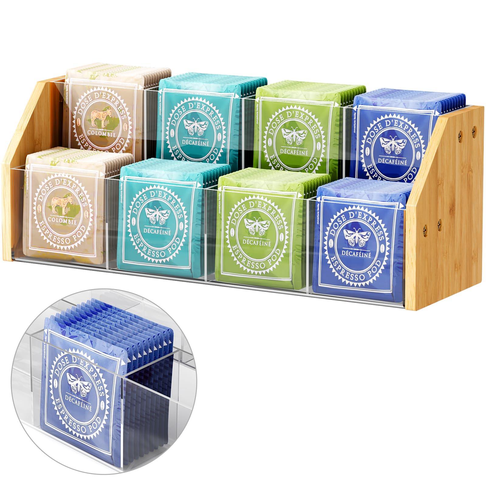 NiHome Organizador de bolsas de té de 2 niveles con paneles acrílicos transparentes y marco de bambú, 8 compartimentos que sostienen hasta 80 bolsas de té, soporte de té para ahorrar espacio para el
