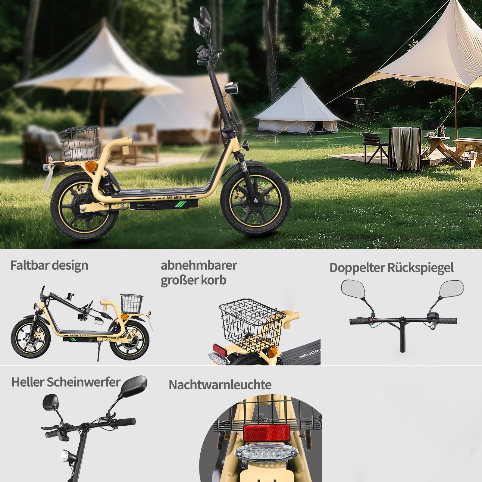 TWOFISH 14 Zoll Elektro Motorrad für Erwachsene, EEC Straßenzulassung, E Moped mit 500W Motor 48V 13Ah Akku, Disc Bremsen Doppelaufhängungg, 30 km Reichweite Max 120kg (Wüstenbeige)