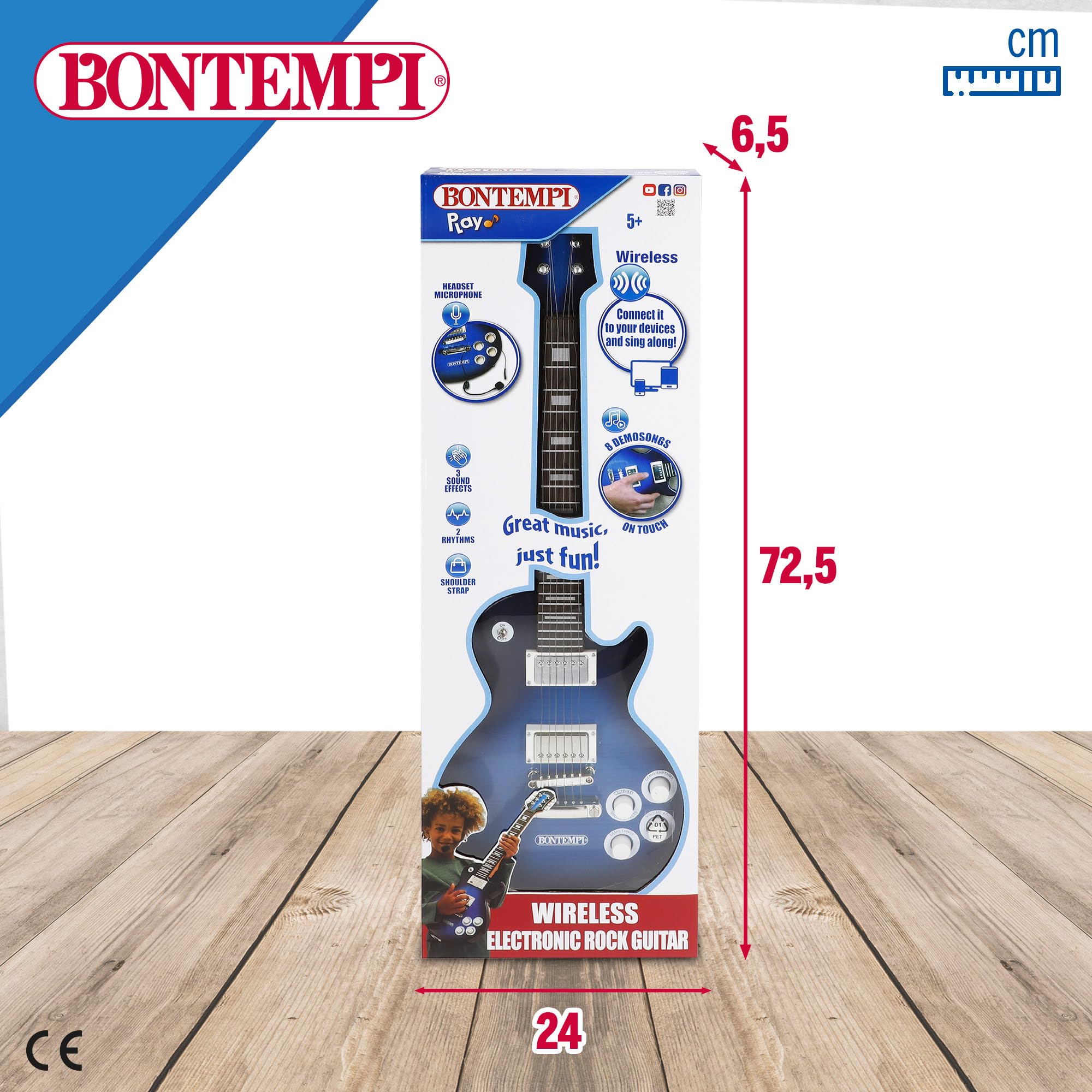 BONTEMPI 46948 - Guitarra eléctrica infantil de Rock con micrófono / Tamaño 68,5cm, 10 melodías incluidas / Guitarra infantil para niños, instrumentos musicales infantiles