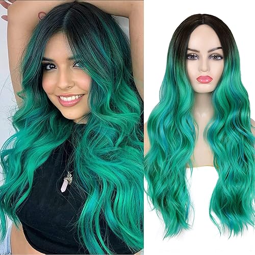 Wigs for Women,26in Long Ombre Green Center Parting Wavy Wigs for Women,Big Bouncy Fluffy Heat-resistant Synthetic Fiber Wigs,Ideal for Everyday and Parties (Dark Blue)