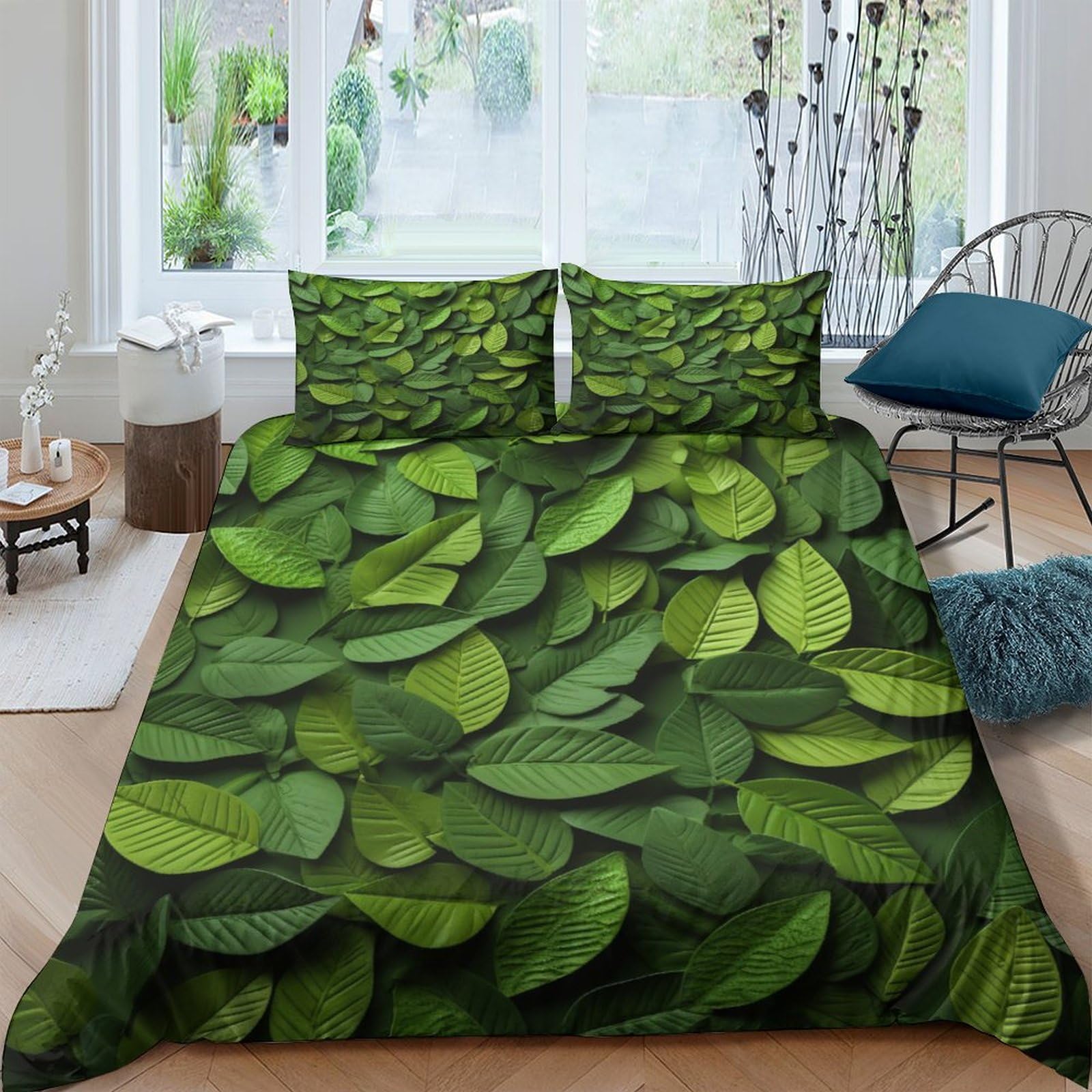 Housse de couette feuilles vertes 200x200 microfibre avec taies d'oreiller