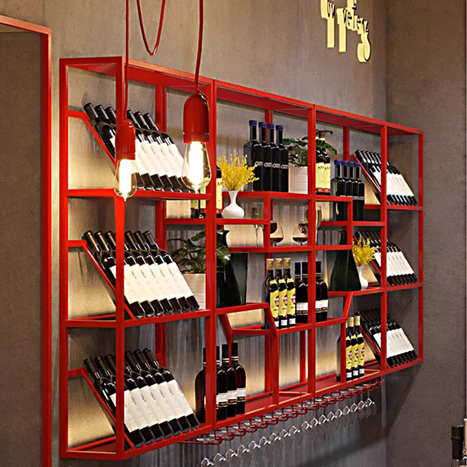 Botellero Pared Vino Botellero de Hierro, Botellero Creativo con Luz, Wine Rack Metal con Luz Led y Estante de Cristal, para Sala de Estar, Bodega (Rojo)