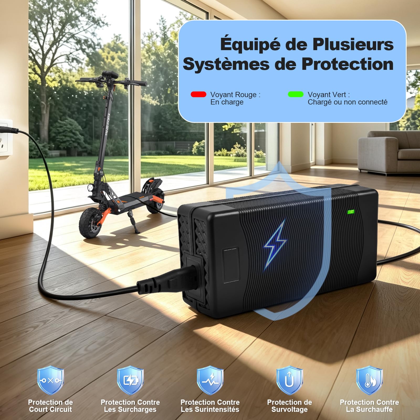 Chargeur 54,6 V 2 A pour scooter électrique Kukirin G2 Pro/Kukirin G2 MAX, pour scooter électrique Xiaomi 4 Ultra/5 Pro, chargeur de batterie au lithium 48 V de rechange avec connecteurs