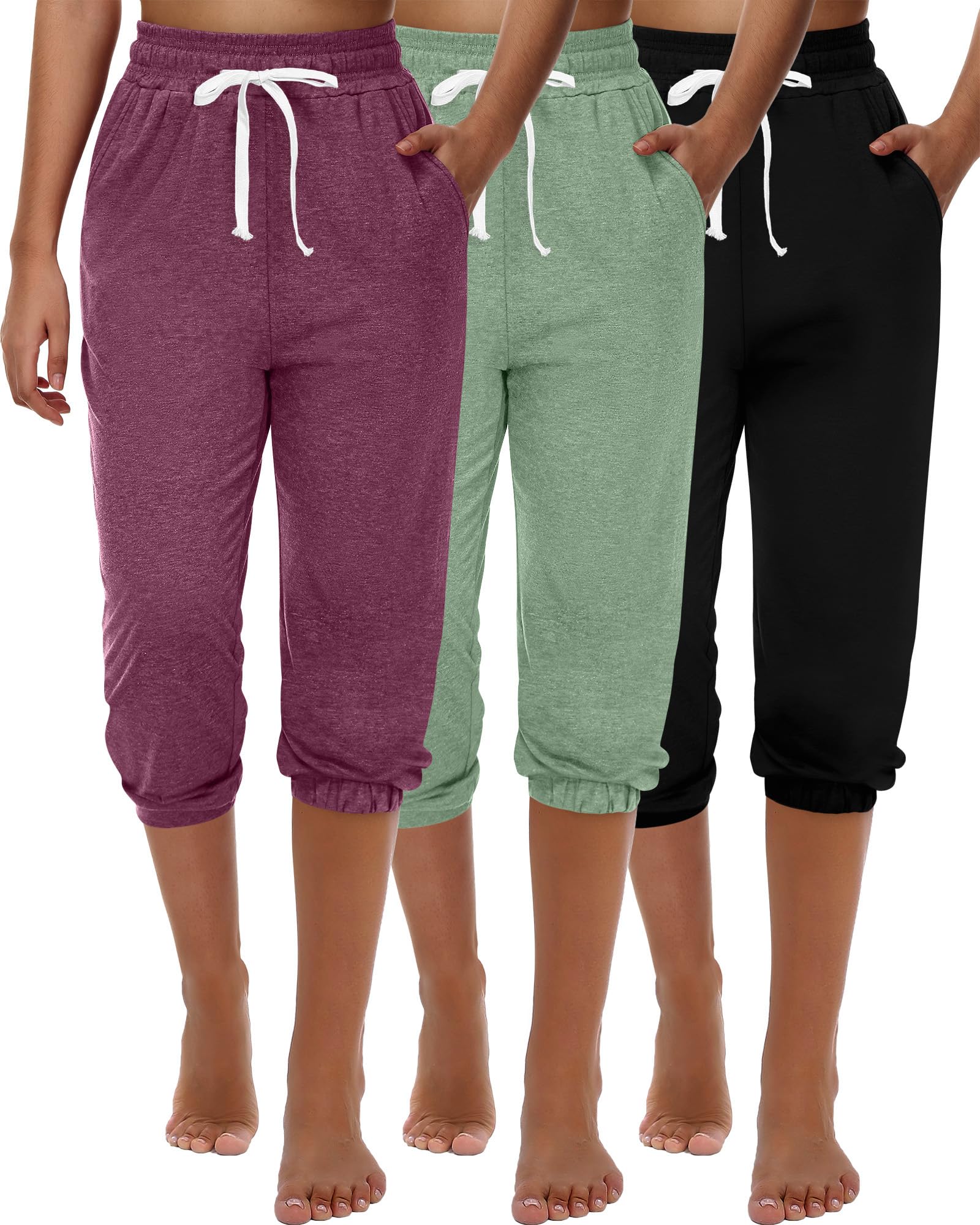 Photo 1 of *** SEE COMMENTS/PHOTOS****   Ficerd 3 Pcs Women's Capri Sweatpants Joggers Summer Casual Sports Cropped Lounge Pants High Waisted Athletic with Pockets(Black, Wine, Green,XX-Large)