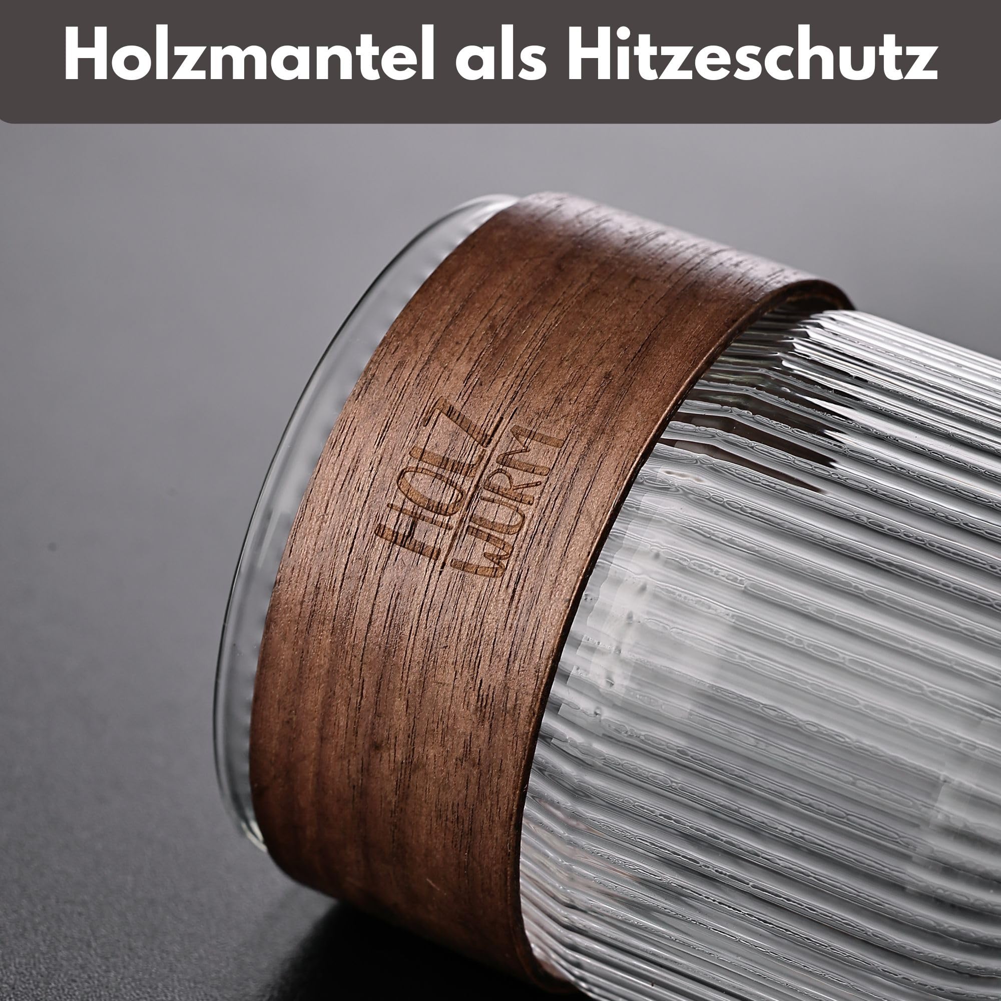 Holzwurm Milchkännchen klein 300ml - Glas Milchaufschäumer Kanne mit Walnussmantel, inspirierendes Design Milk Jug für Kaffee, Tee vieles mehr (Schwarz)