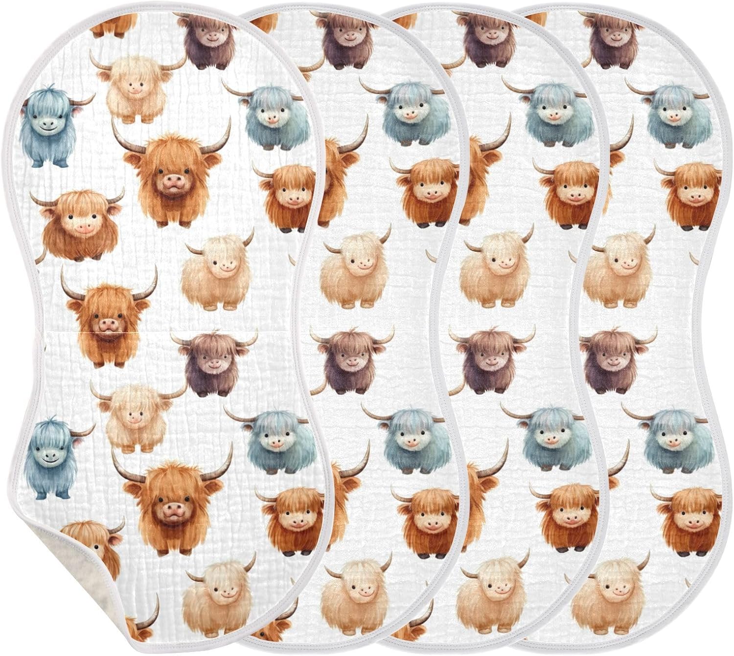 4Pcs Cute Highland Cow Pattern Burp Cloth,Unisex Large Absorbent Soft Cotton Muslin Burping Cloths for Newborn Boys Girls,11x22in,A110858