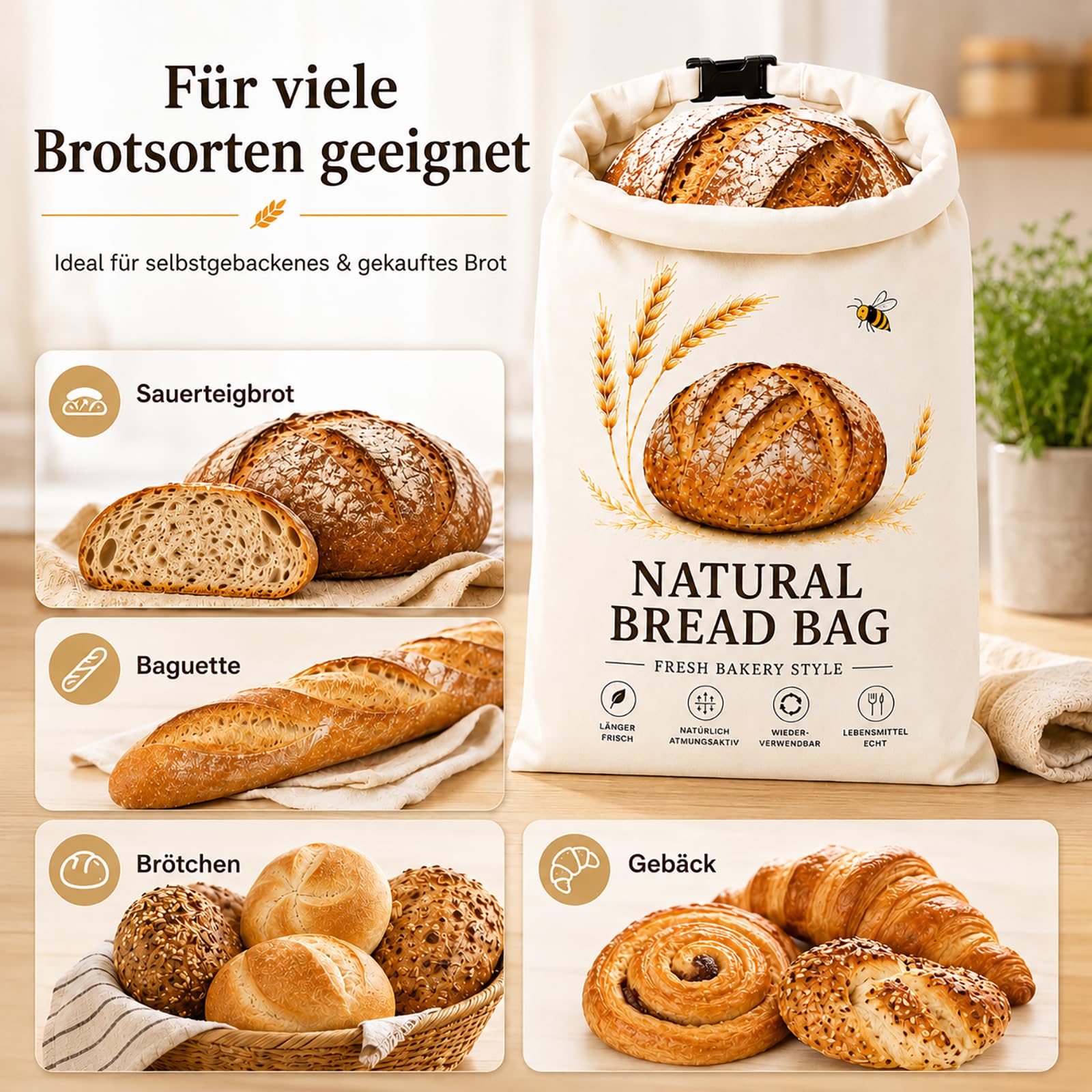 2 sacchetti per il pane in cera d'api, 42 x 33 cm, riutilizzabili, in cotone e TPU, con chiusura a clip, per pane, toast, baguette, panini, croissant, bagel e prodotti da forno