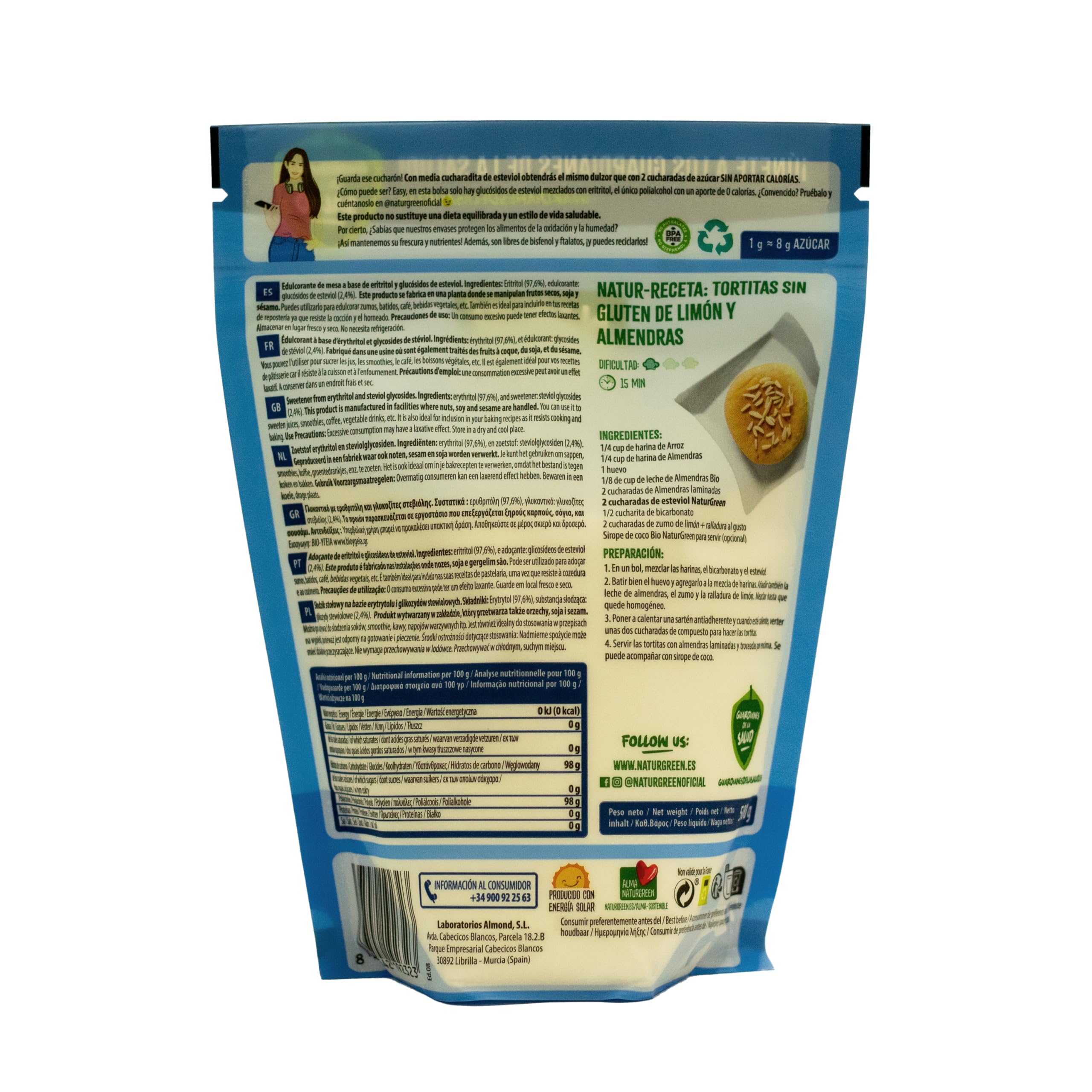 NaturGreen - Steviol, Edulcorante Natural, con Base de Eritritol, Sustitutivo del Azúcar, Orgánico, 100% Vegetal, Bajo Índice Glucémico