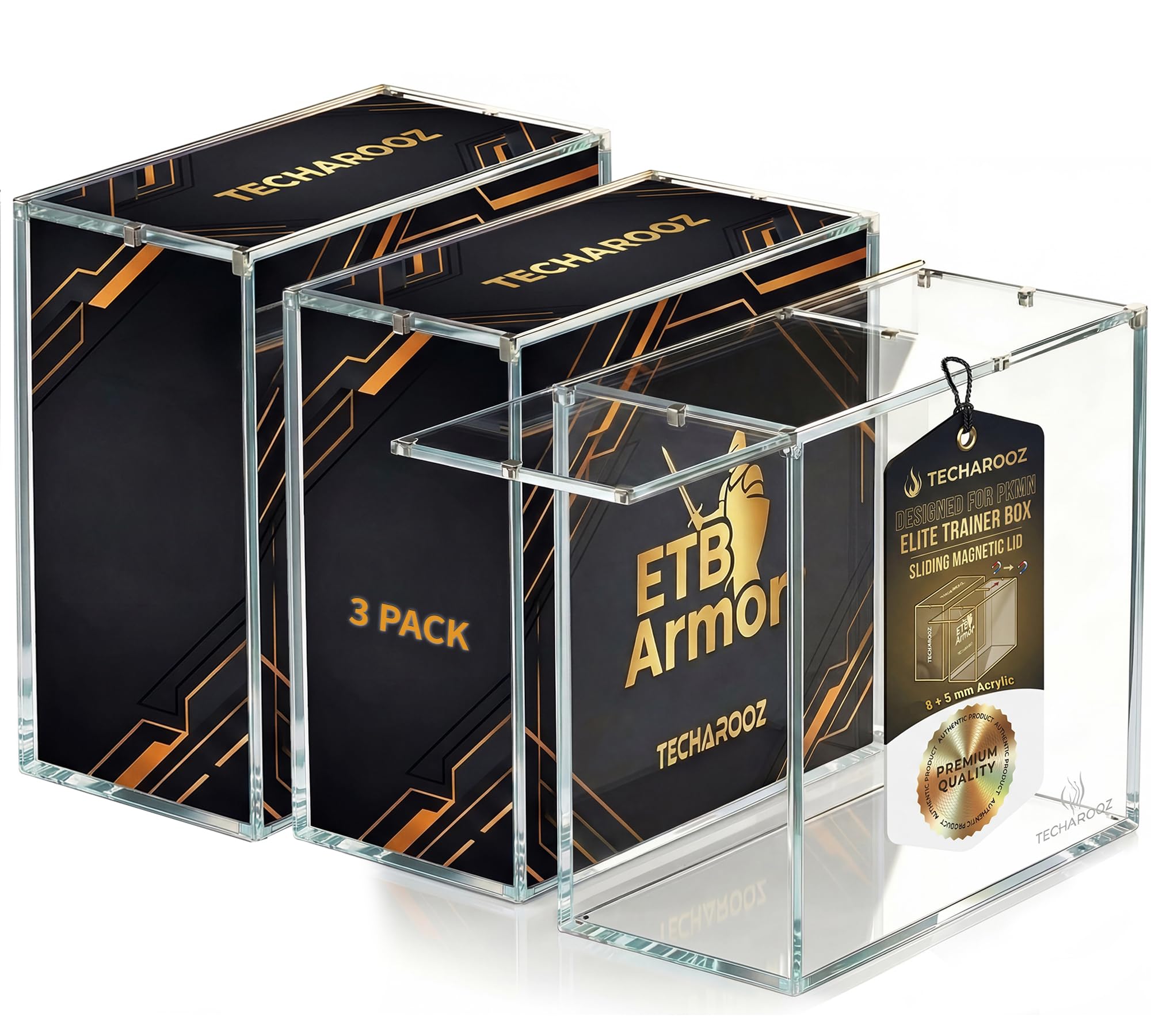 ETB Protector Case – Crystal Clear 8mm + 5mm Ultra Thick Acrylic Stackable Elite Trainer Box - Acrylic Display Case with Tight Seal Sliding Magnetic Lid – with 6X N52 Strong Magnets (Pack of 3)