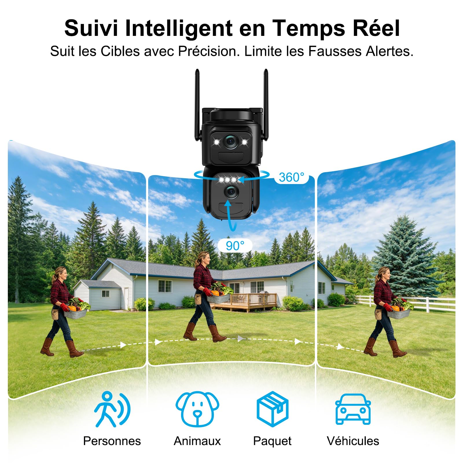 24/7 AOV Telecamera Wi-Fi Esterno con Pannello Solare,Telecamera WiFi | Senza Fili Doppio Obiettivo 4K,Videocamera Sorveglianza,Rilevamento Umano PIR,Visione Notturna a Colori,2.4G/5GHz,IP66