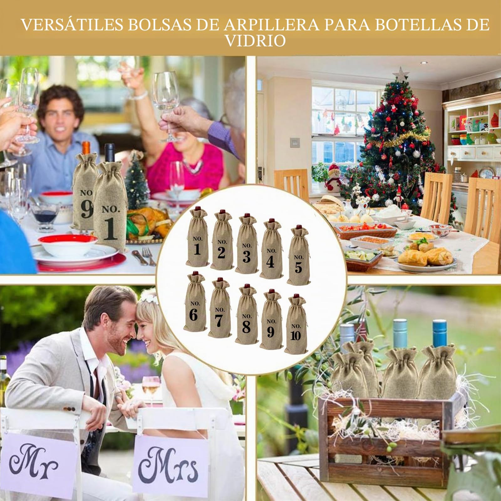 10 Bolsas de Yute para Botellas de Vino Numeradas 1-10, Bolsas de Regalo con Cordón para Cata a Ciegas, Bodas, Navidad, Cumpleaños y Fiestas, 36 x 16 cm