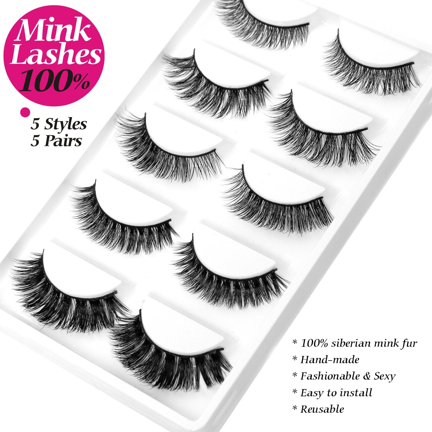 100% Mink Eyelashes Fluffy Wispy Long Dramatic False Eyelashes Set Thick Volume Fake Eyelashes Natural Soft Extension Eyelashes Handmade Pack Lashes 5 Pack 5 Fashion Styles Multipack C