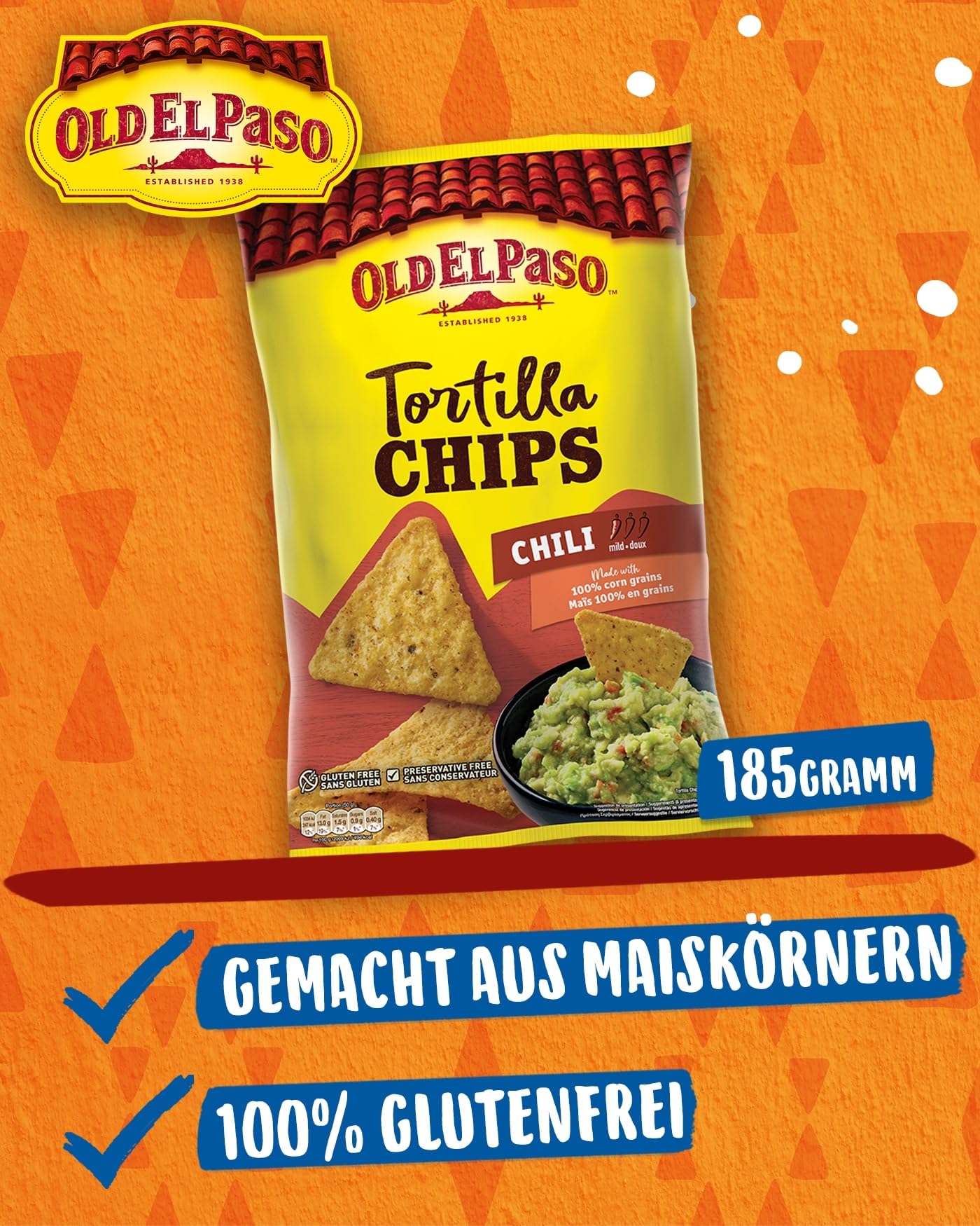 Old El Paso Tortilla Chips Chili – Tortilla Chips mit Chili-Geschmack aus Mais gebacken – Glutenfrei – 1 x 185 g