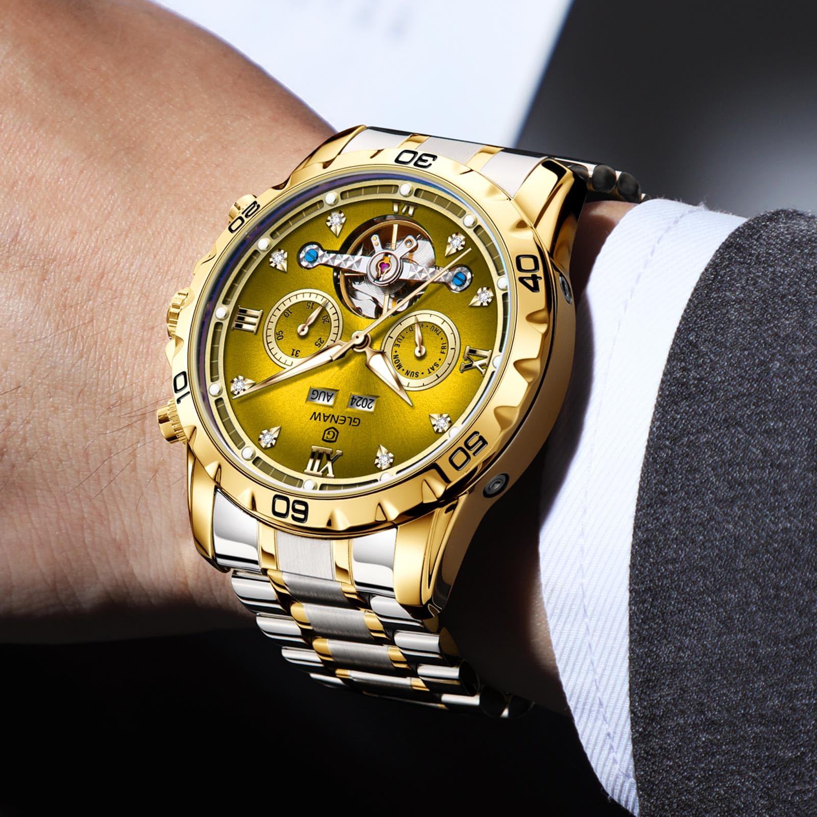 GLENAW Reloj automático para hombre, esqueleto con números romanos, esfera de diamante, acero inoxidable, impermeable, para el día, fecha, negocios, casual