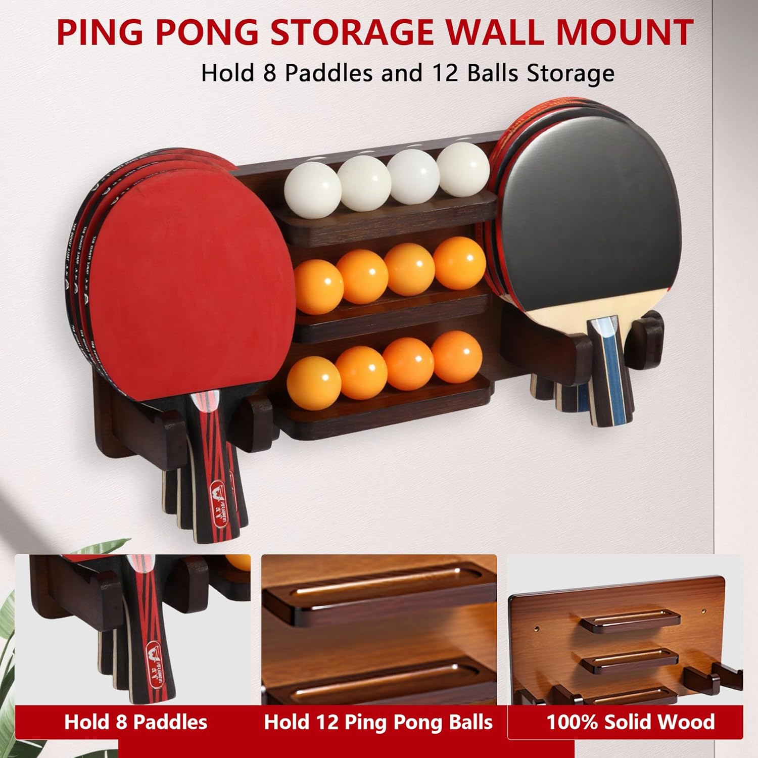 Ping Pong Paddle Holder, Ping Pong Paddle Storage Rack Wall Mounted Holds 8 Paddles and 12 Balls, Table Tennis Racket Display Organizer for Game Room,Home