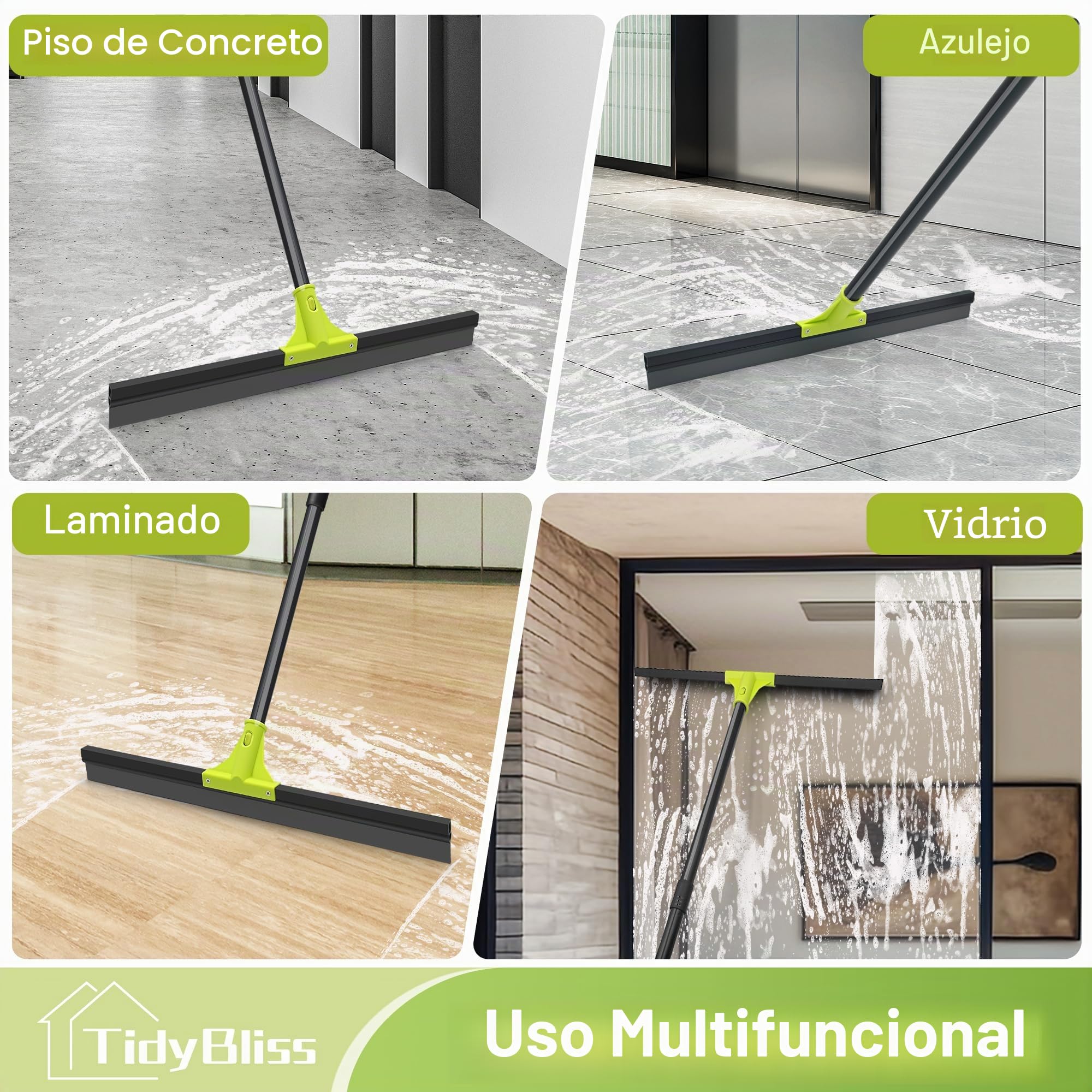 TidyBliss Escoba de Goma 60 cm para Suelo con Mango Adjustable 158 cm, Escobilla Caucho para Limpiar Ducha Azulejo Hormigón Baño Mármol Cristal Garaje Tienda Cubierta Ventana Patio Jardín (Verde)