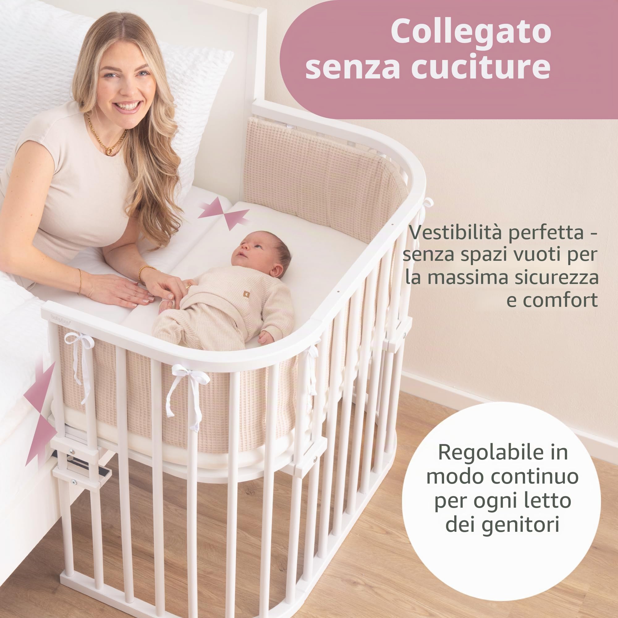 letto laterale originale per babybay in legno massello di faggio con materasso Classic Soft per giorno e notte I lettino regolabile in altezza e ecologico I lettino in crescita