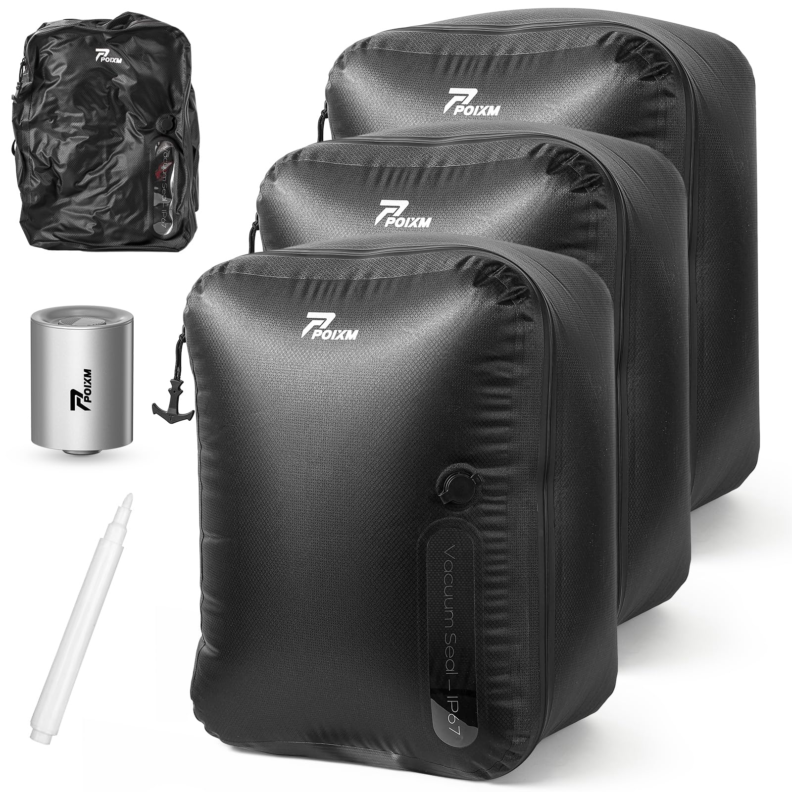 Bolsas de vacío para viajes con bomba inalámbrica, cremallera abierta de 180°, impermeable IP67, bolsas de compresión reutilizables que ahorran espacio para mochila, maleta, almacenamiento en el
