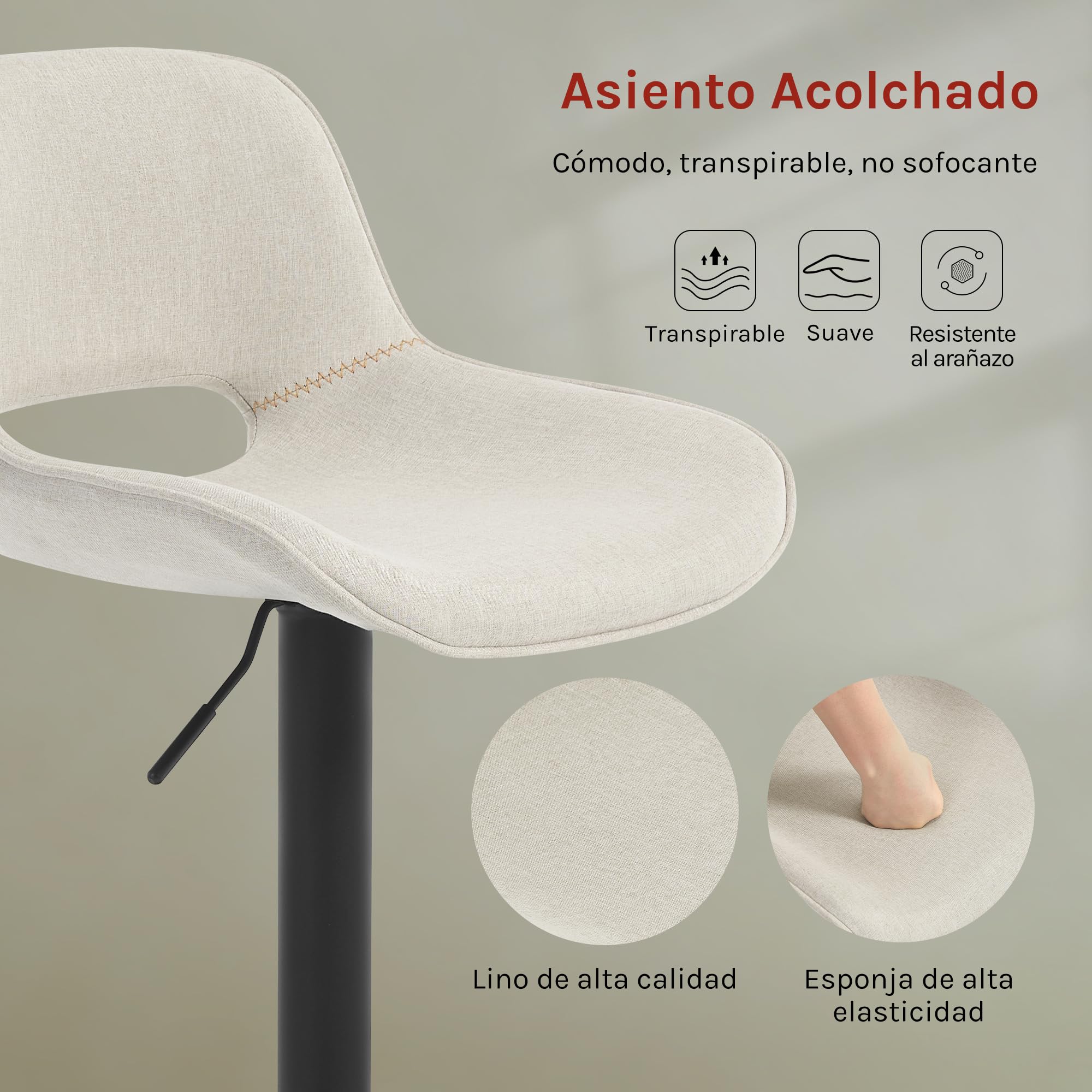 WOLTU 2X Taburetes de Bar, con Reposapies Tela, Beige | para Comedor, Salón y Cafetería
