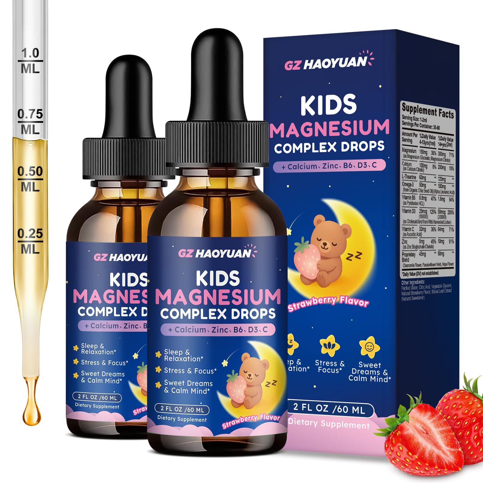 Kids Magnesium Liquid Drops - Magnesium Glycinate Drops for Kids, Citrate Liquid with Calcium, Omega-3, L-theanine, Zinc, Vitamin B6 D3 C for Sleep, Relaxation, Calm & Focus, Strawberry Flavor,4 Fl Oz Strawberry 4 Fl Oz (Pack of 1)