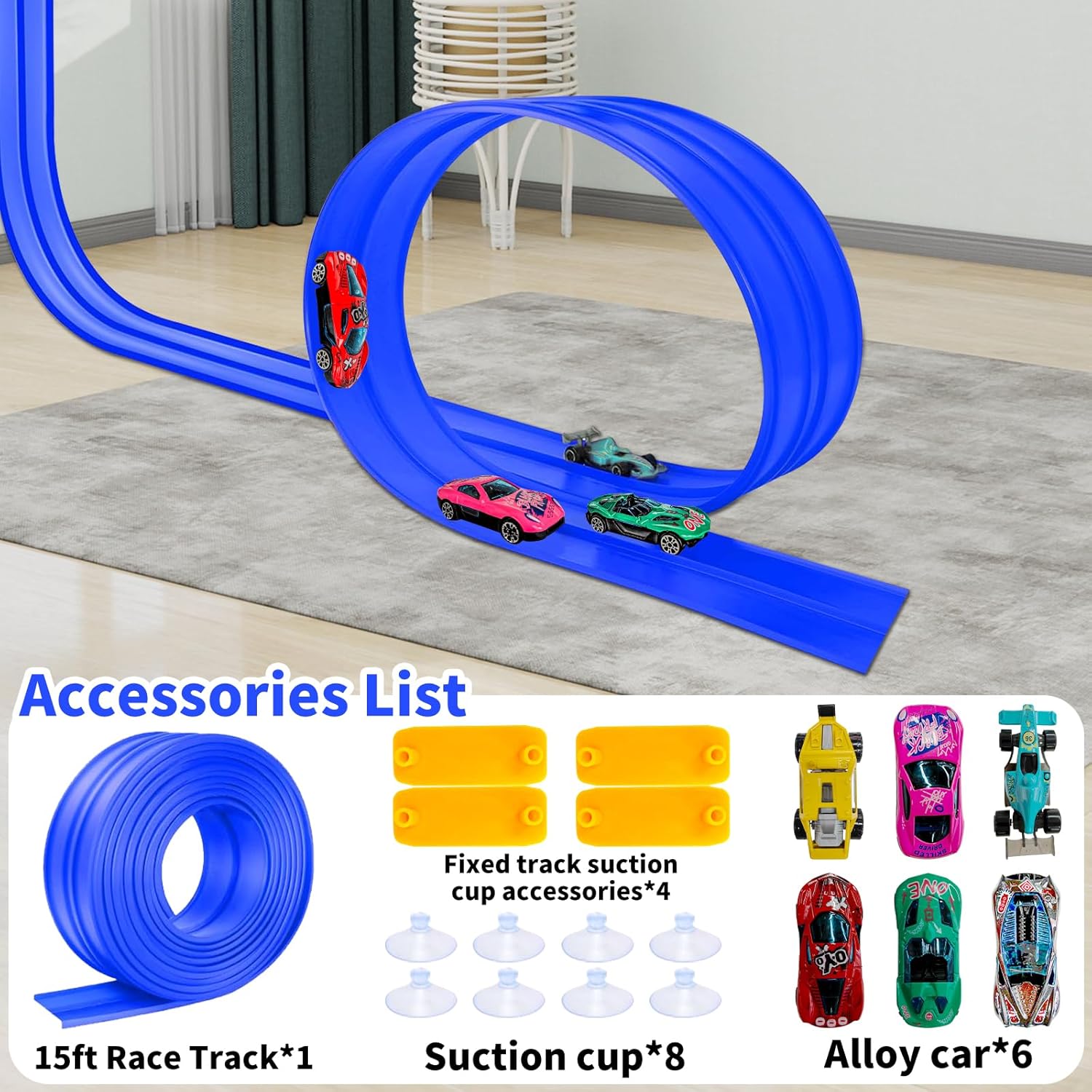 Flexible Race Track for Kids, 15FT Car Track with 4 Suction Cups and 6 Different 1/64th Cars - STEM Racing Toy for Boys & Girls Ages 3+ (Blue)