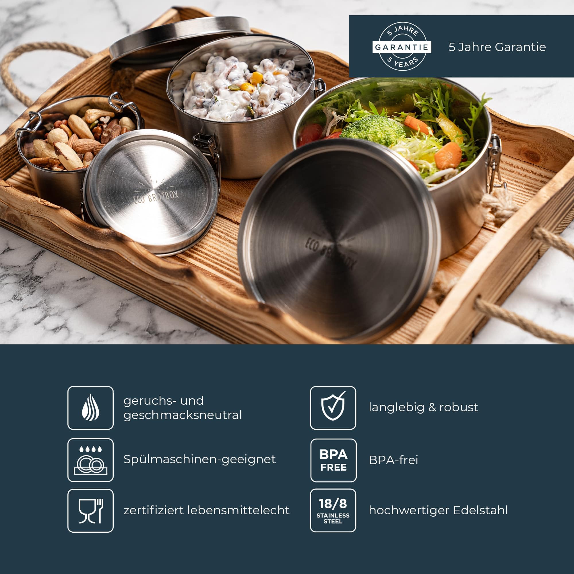 Bao Bowl- Brotdose mit Fächern 3 Lagig 200 + 400 + 700ml - Lunchbox aus Edelstahl rund - BPA-frei und auslaufsicher - spülmaschinenfeste Vesperbox