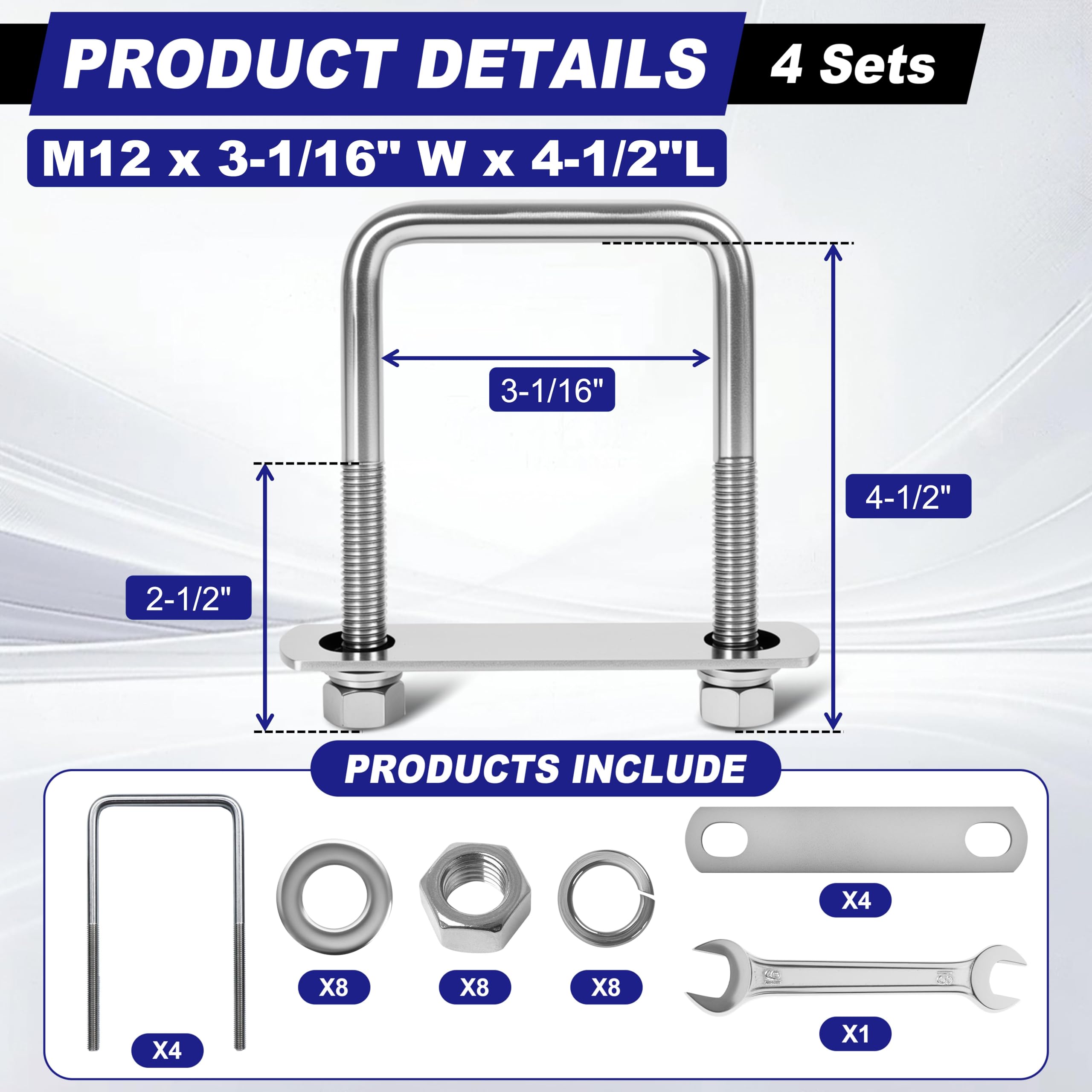 M12 Stainless Steel U-Bolts - 4 Sets Kit -2