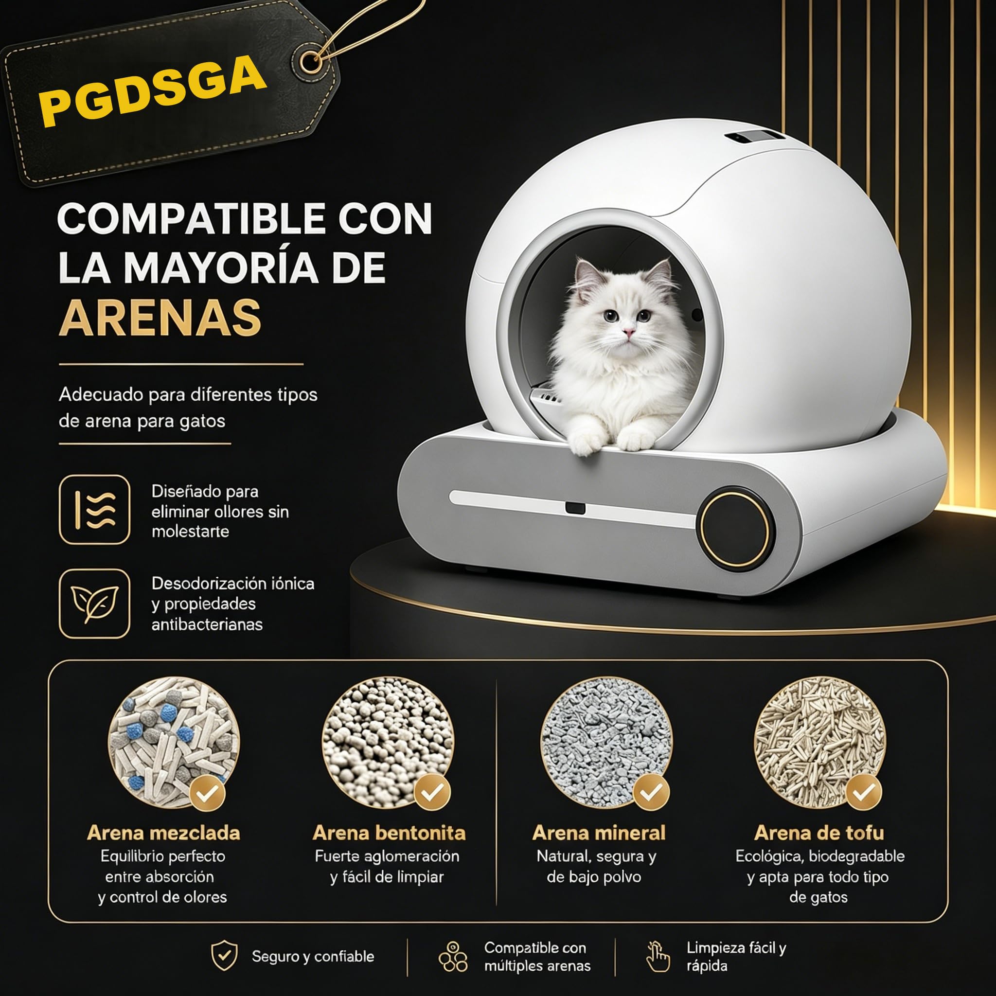 PGD​​SGA Arenero Automático para Gatos Autolimpiable con App, 65+9L, Desodorización por Iones Negativos, Control Inteligente de Seguridad, Incluye 5 Rollos de Bolsas, Ideal para Varios Gatos