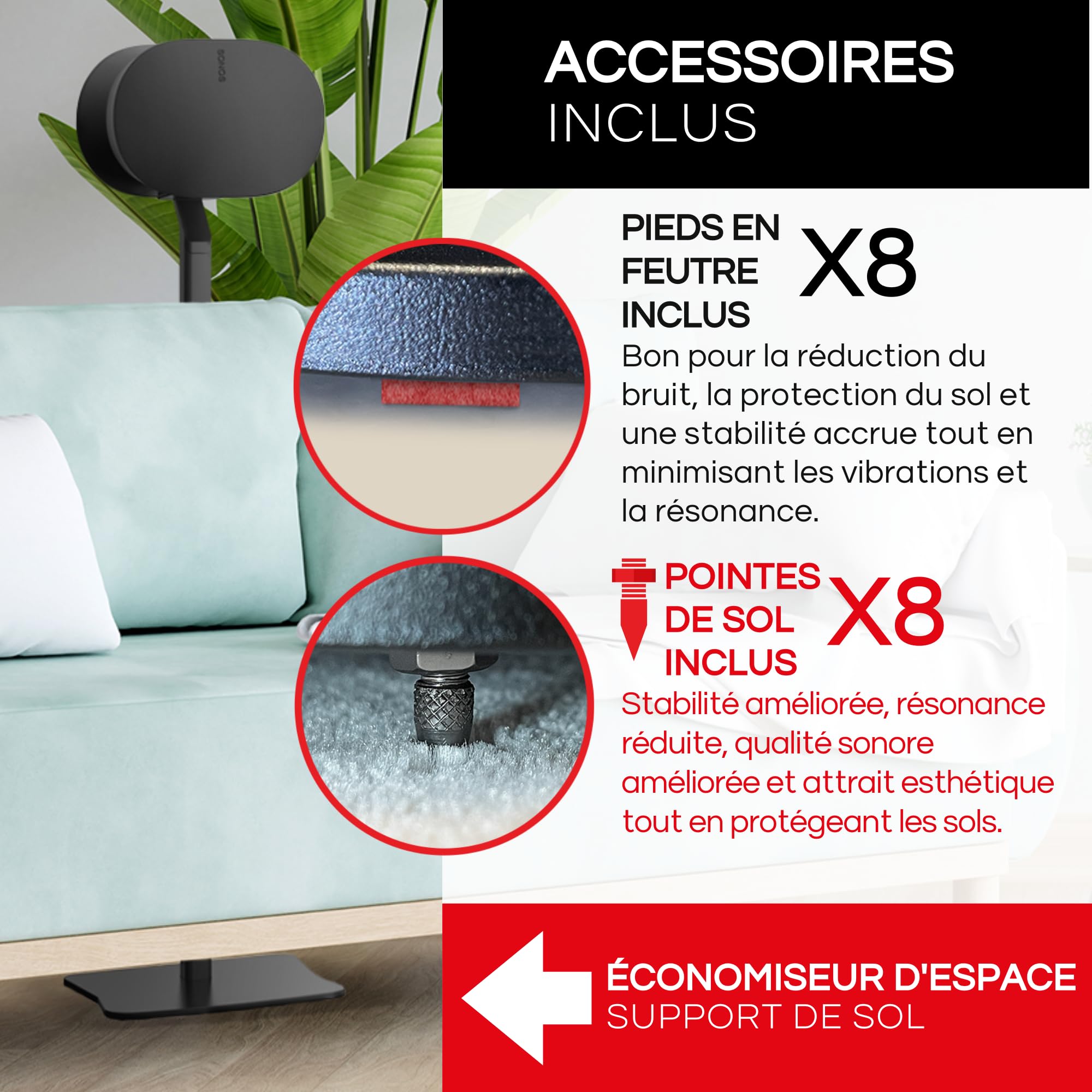 Sound Bass Pied de Sol ERA300, (2 Pièces), Noir, Design Métallique Premium